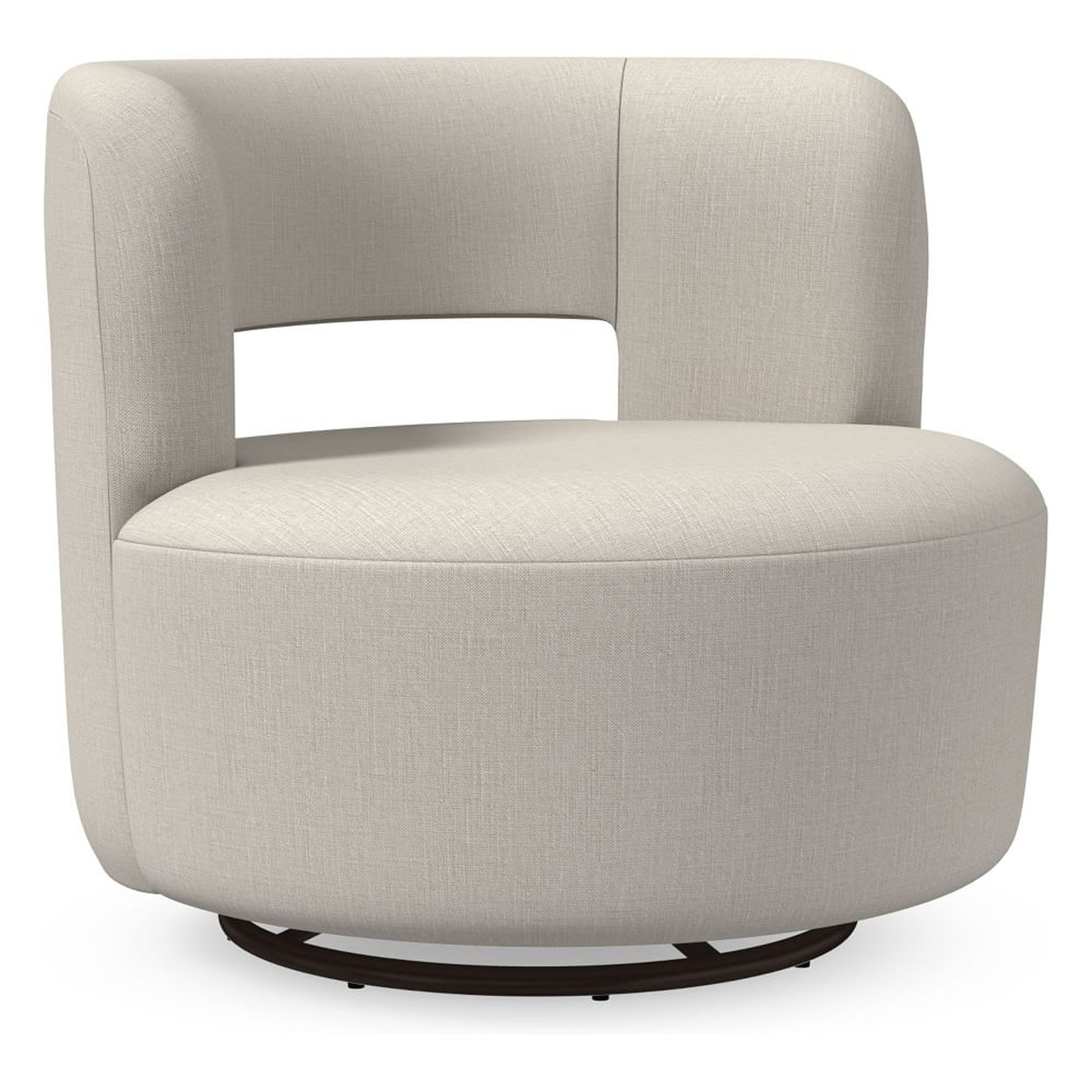 Millie Swivel Chair, Poly, Yarn Dyed Linen Weave, Alabaster, Concealed Supports - West Elm