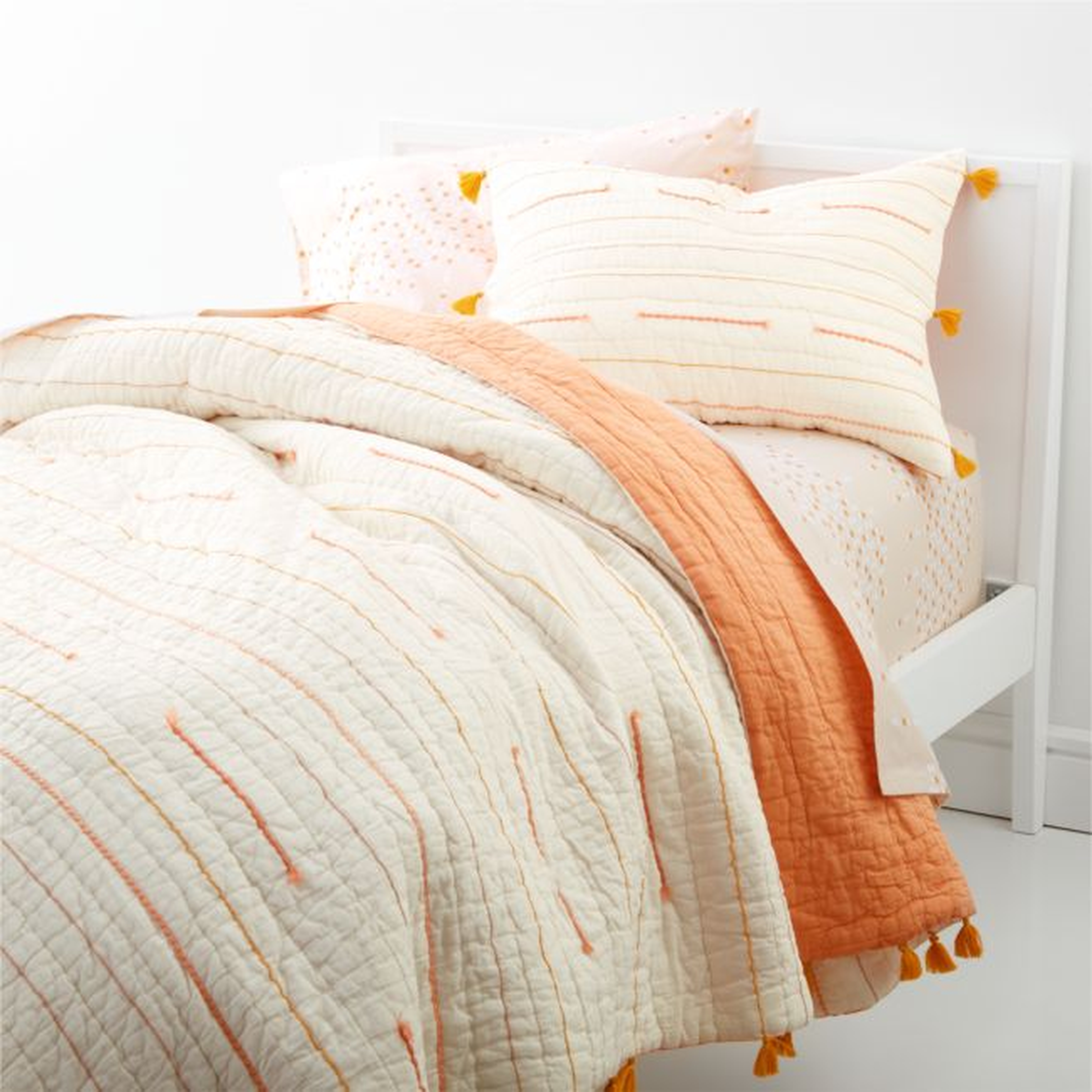 Kids Embroidered Voile Textured Stripe Peach Twin Quilt - Crate and Barrel