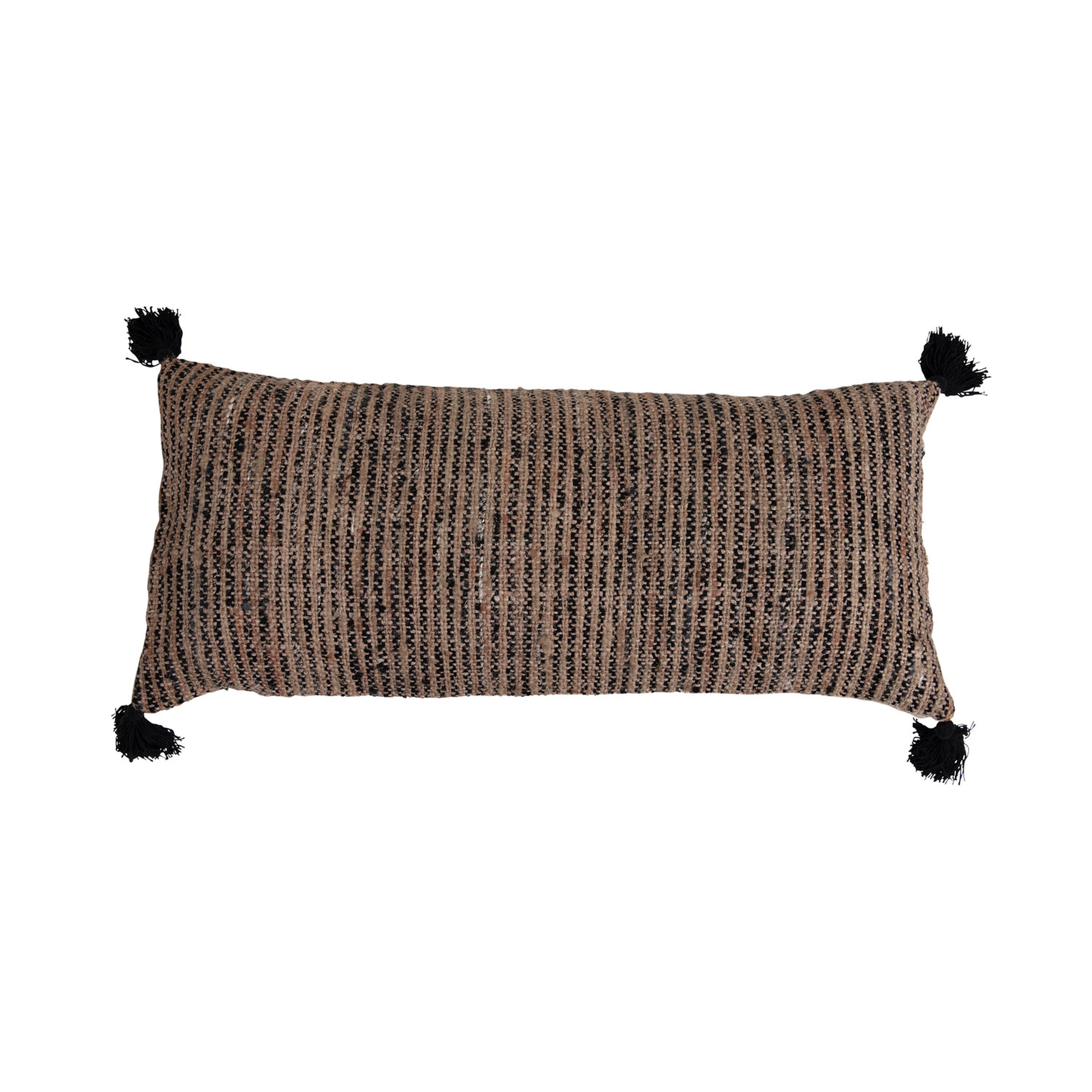 Woven Cotton Striped Lumbar Pillow with Chambray Back and Tassels - Bloomingville