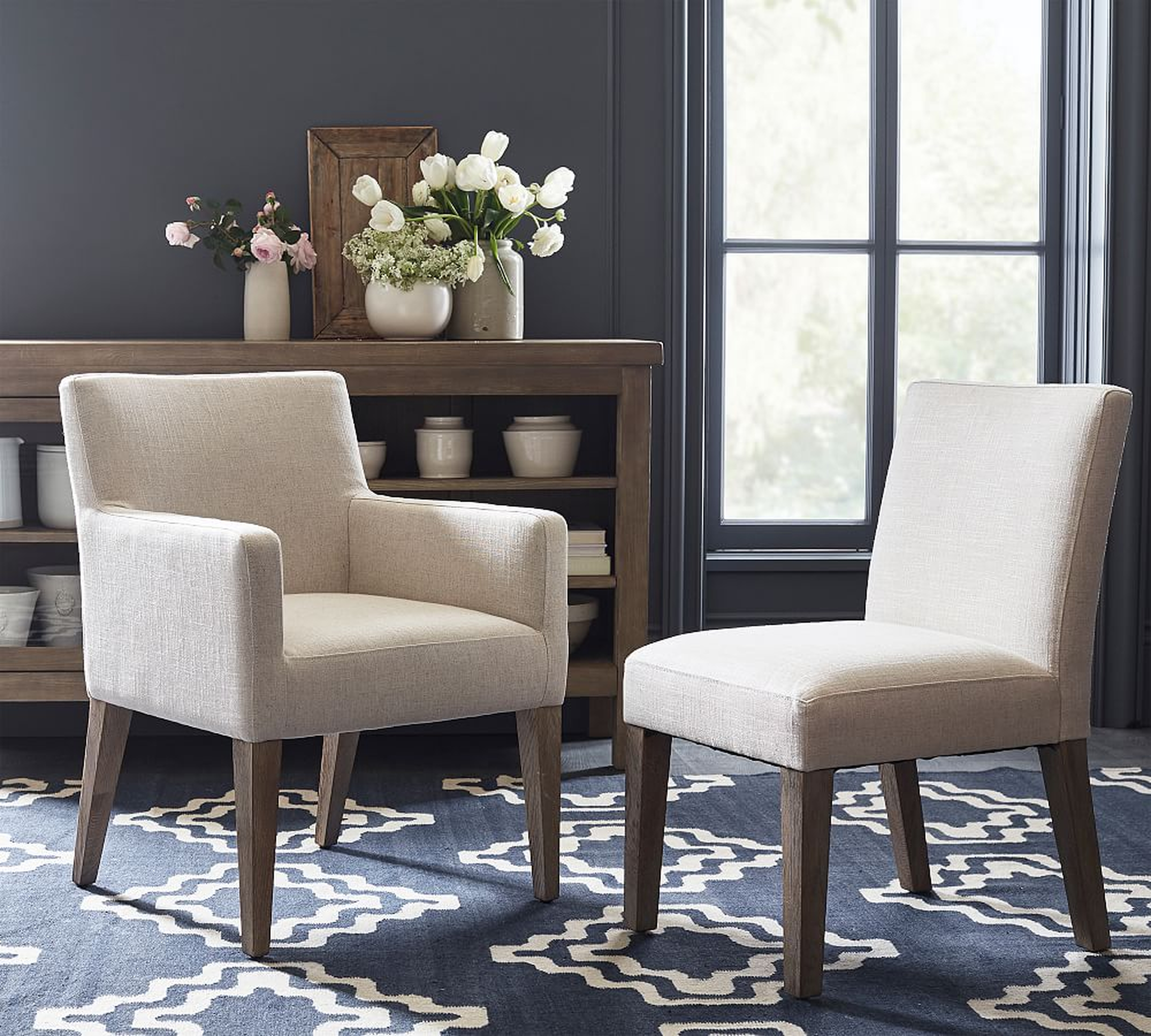 Classic Upholstered Dining Armchair, Gray Wash Frame, Performance Heathered Velvet Olive - Pottery Barn