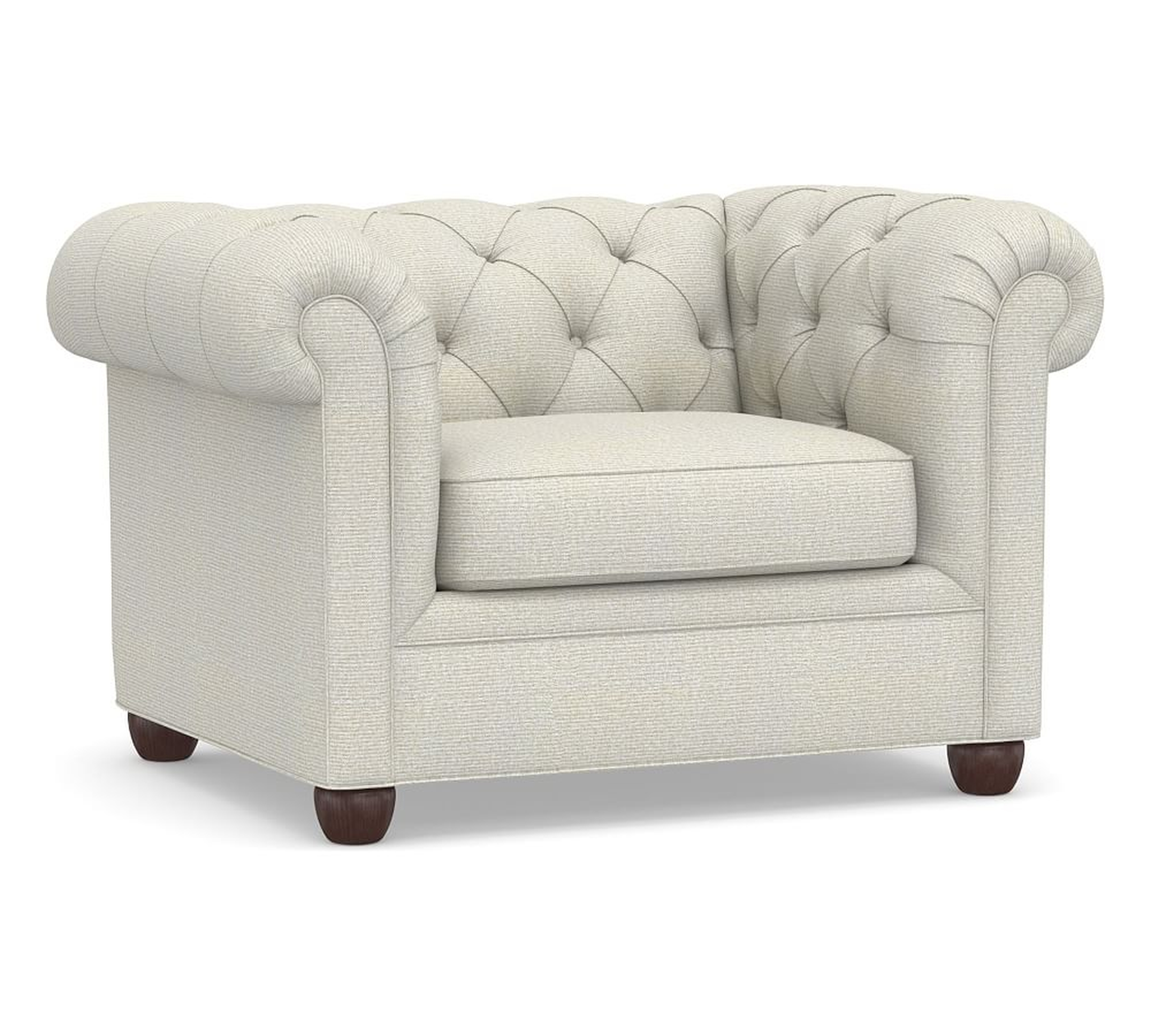 Chesterfield Roll Arm Upholstered Grand Armchair 51", Polyester Wrapped Cushions, Performance Heathered Basketweave Dove - Pottery Barn