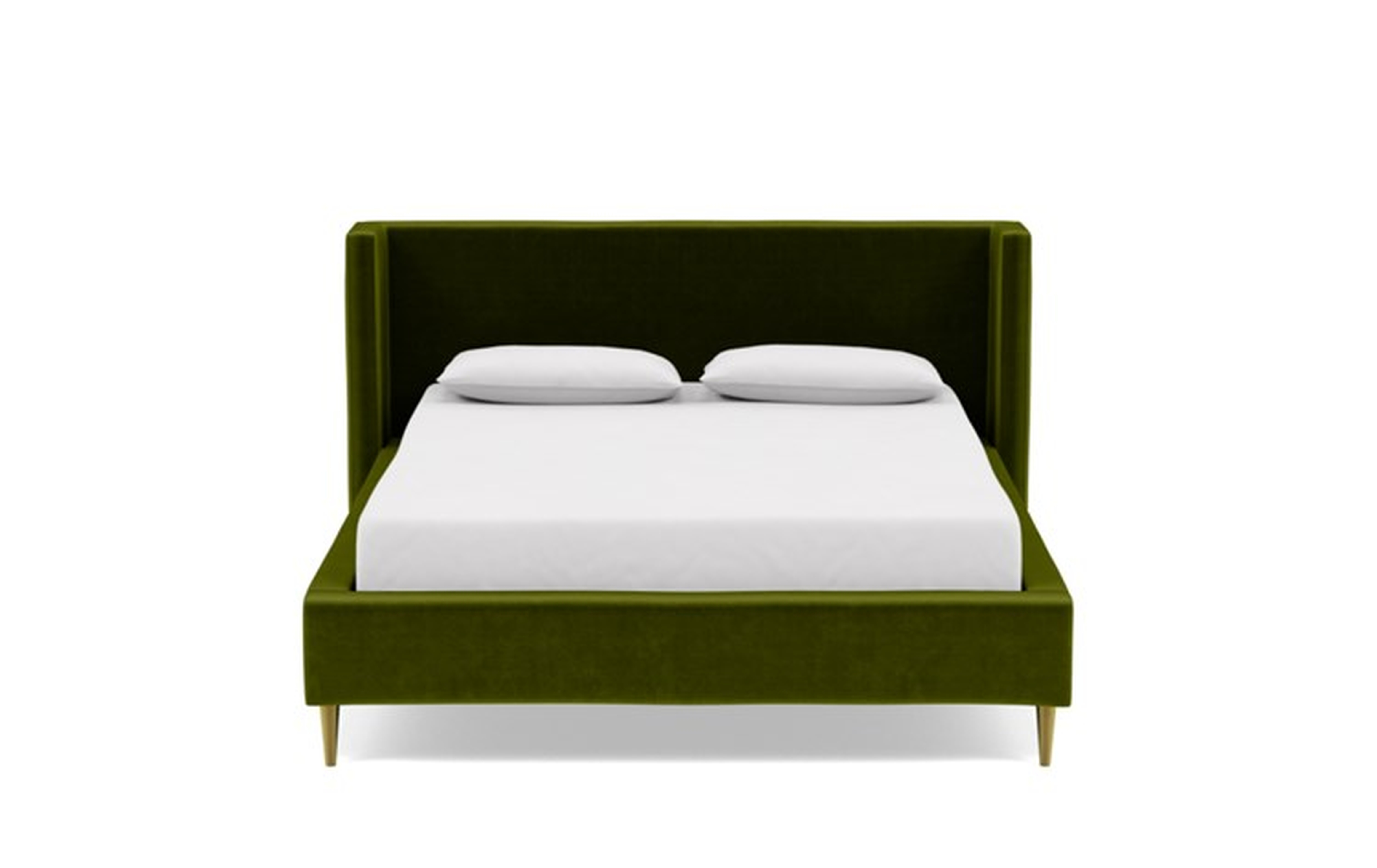 Oliver Queen Bed with Green Moss Fabric, low headboard, and Natural Oak with Antique Cap legs - Interior Define