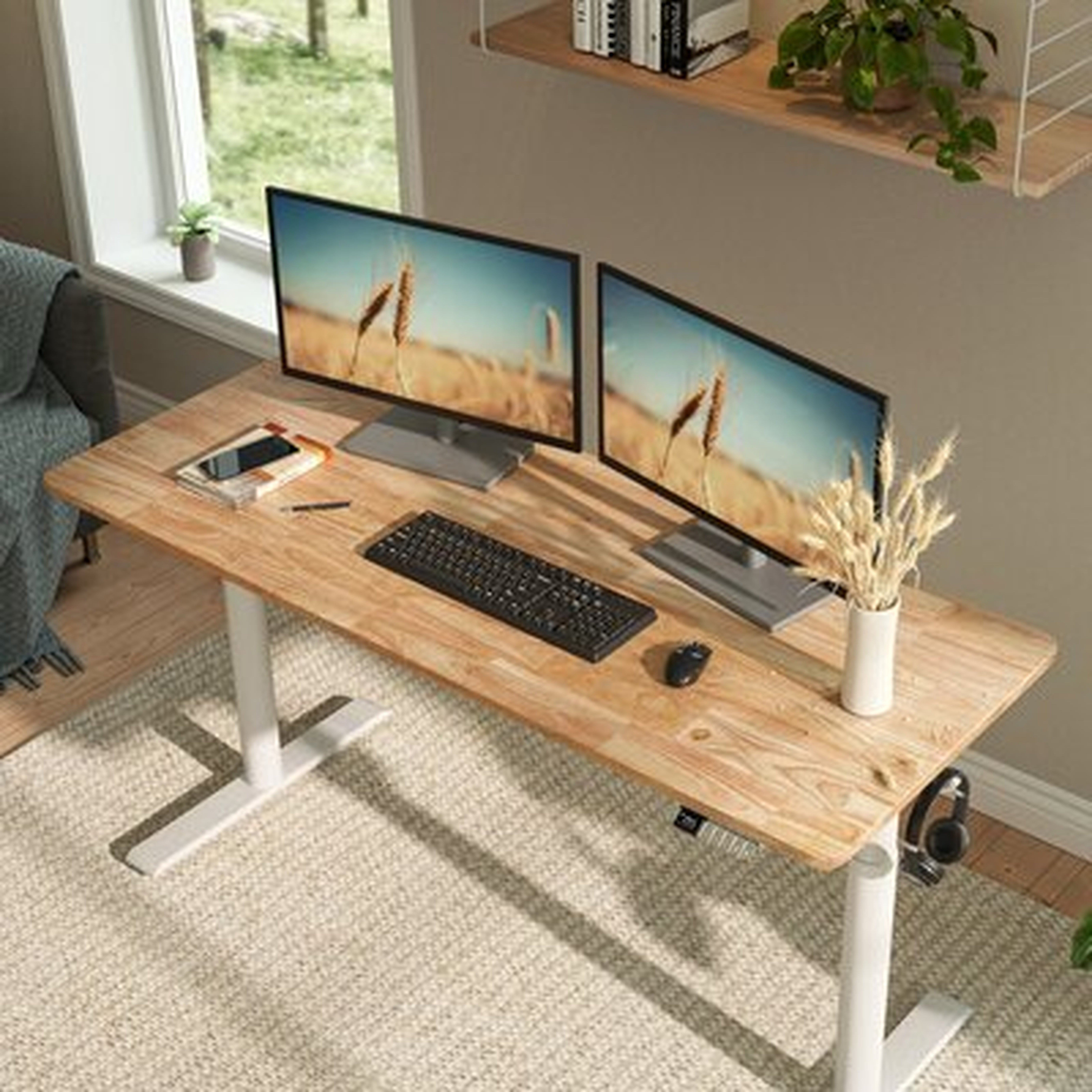 Height Adjustable Standing Desk With Solid Wood Butcher Block Desktop - Wayfair
