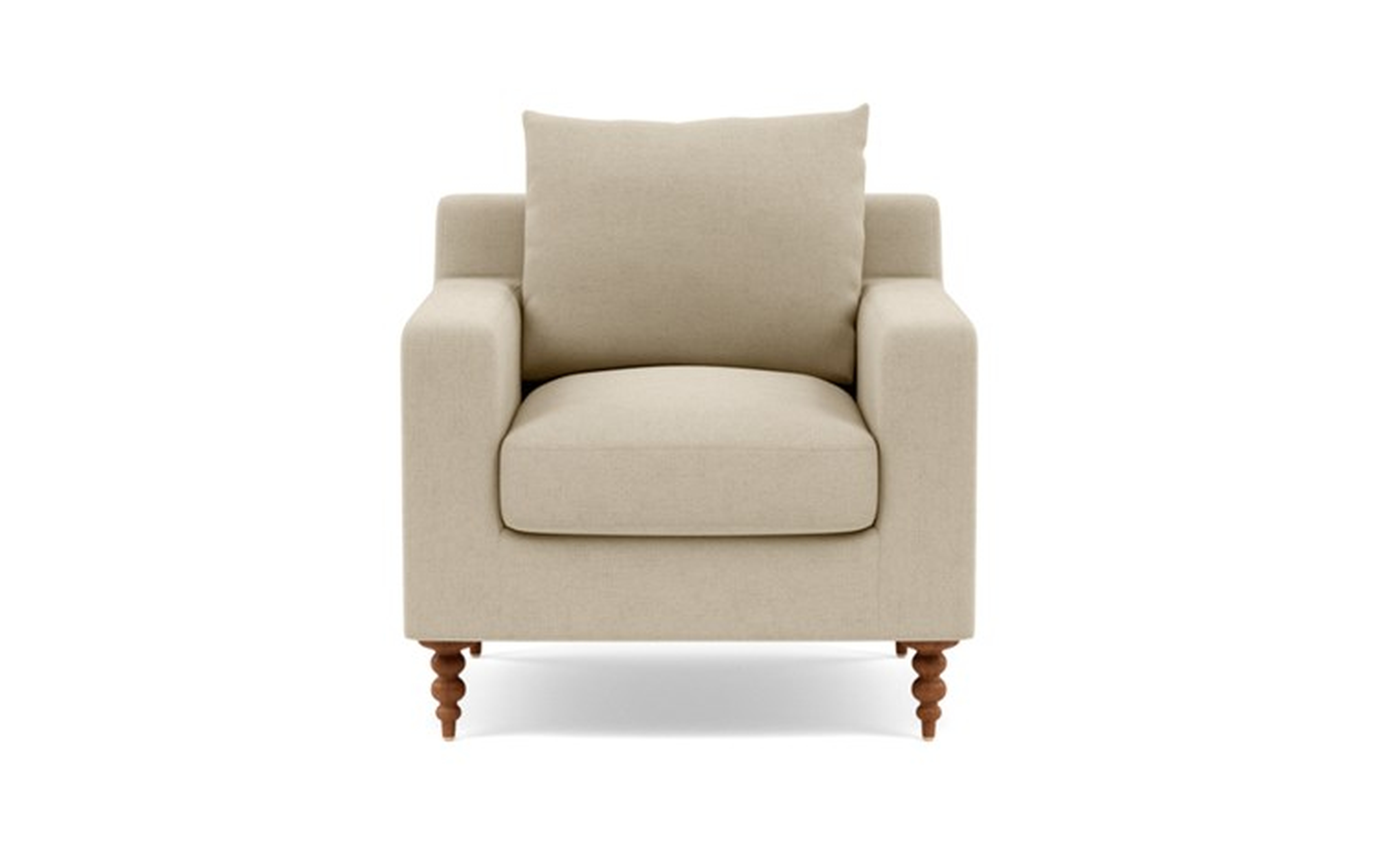 Sloan Petite Chair with Beige Oatmeal Fabric, down alternative cushions, and Oiled Walnut legs - Interior Define