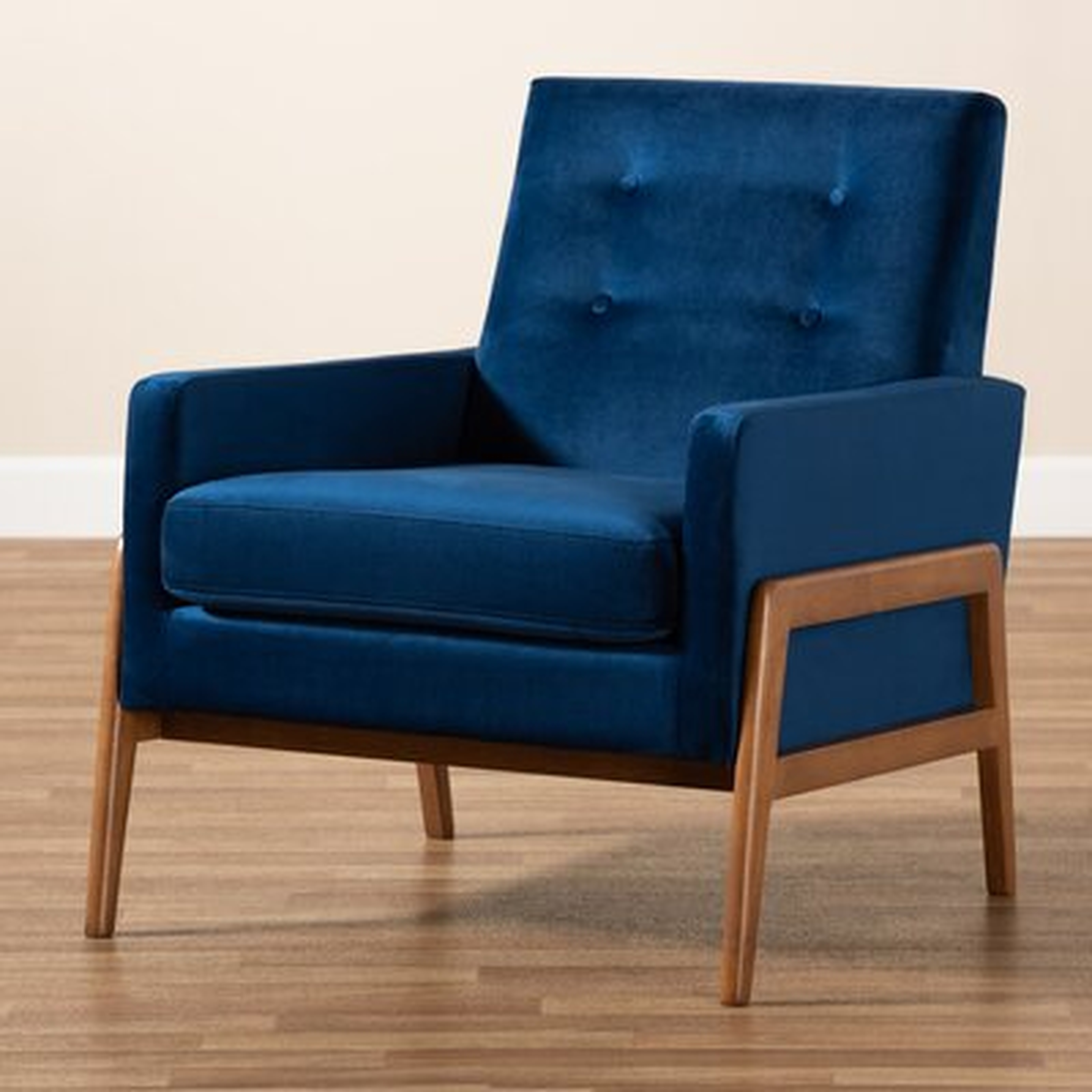 Dehart Mid-Century Modern Navy Blue Velvet Fabric Upholstered And Walnut Brown Finished Wood Lounge Chair - Wayfair