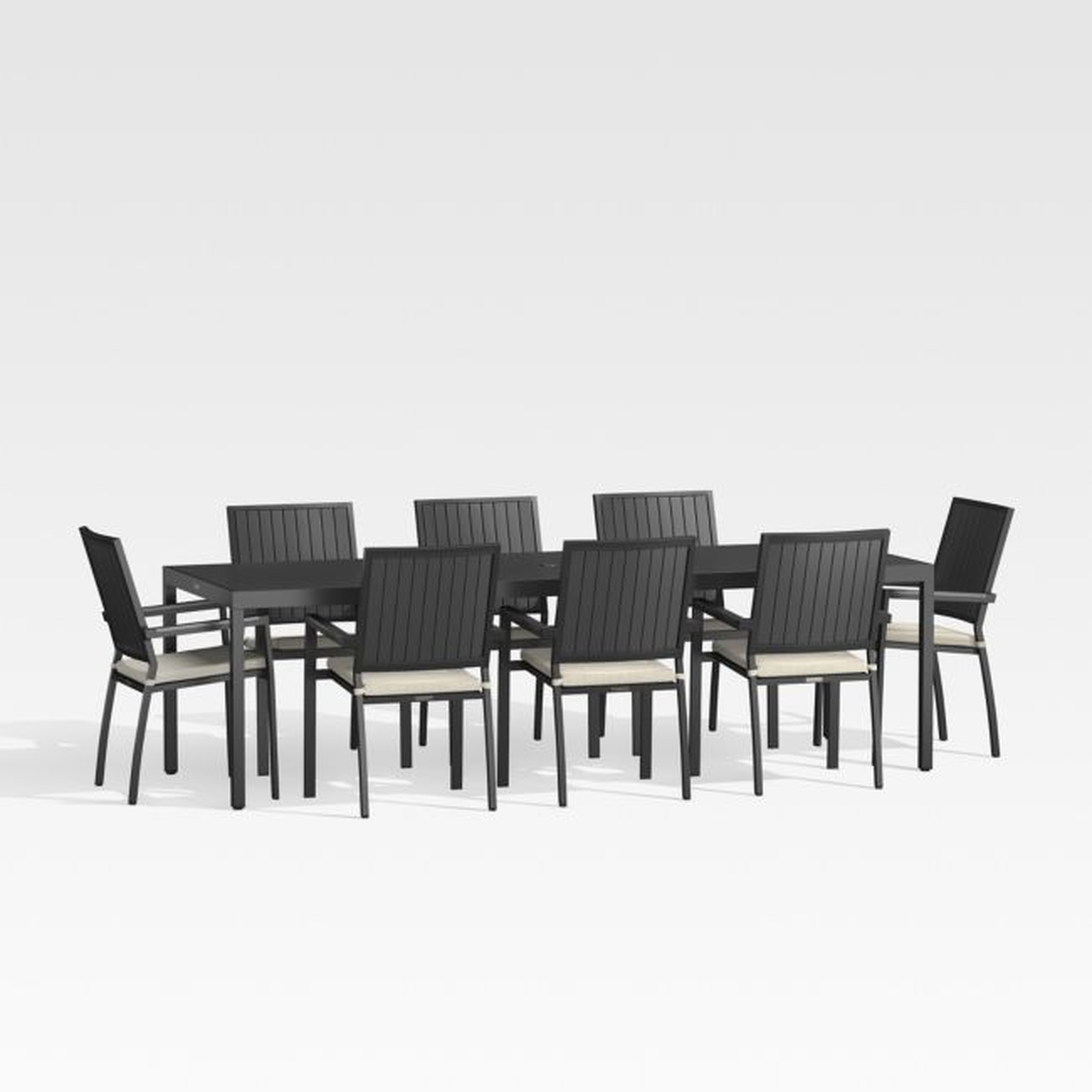 Alfresco 103" Black Outdoor Dining Table Set with with Silver Sunbrella ® Cushions - Crate and Barrel