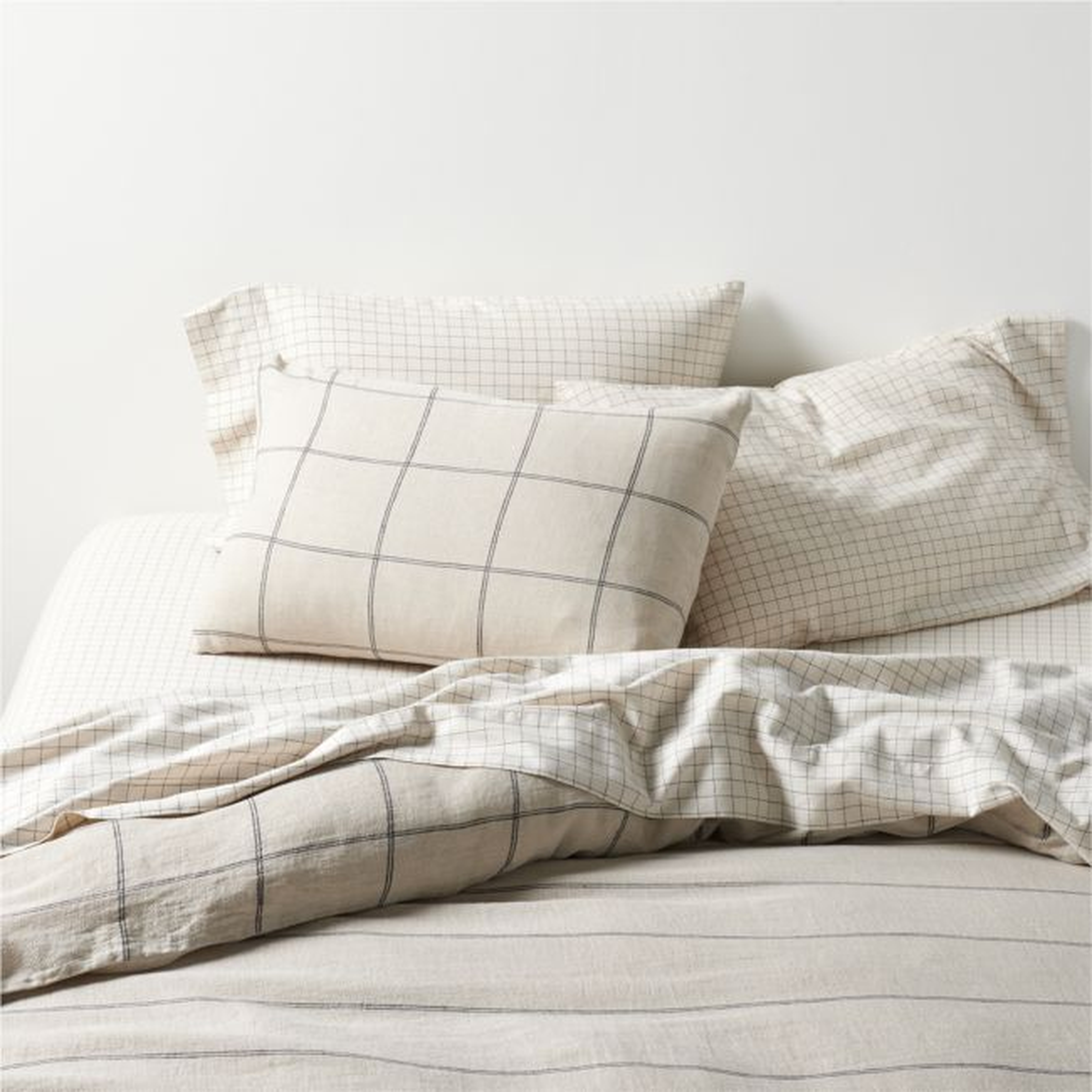 Natural Hemp Arcadia Tan and Midnight Navy Reversible Grid Full/Queen Duvet Cover - Crate and Barrel