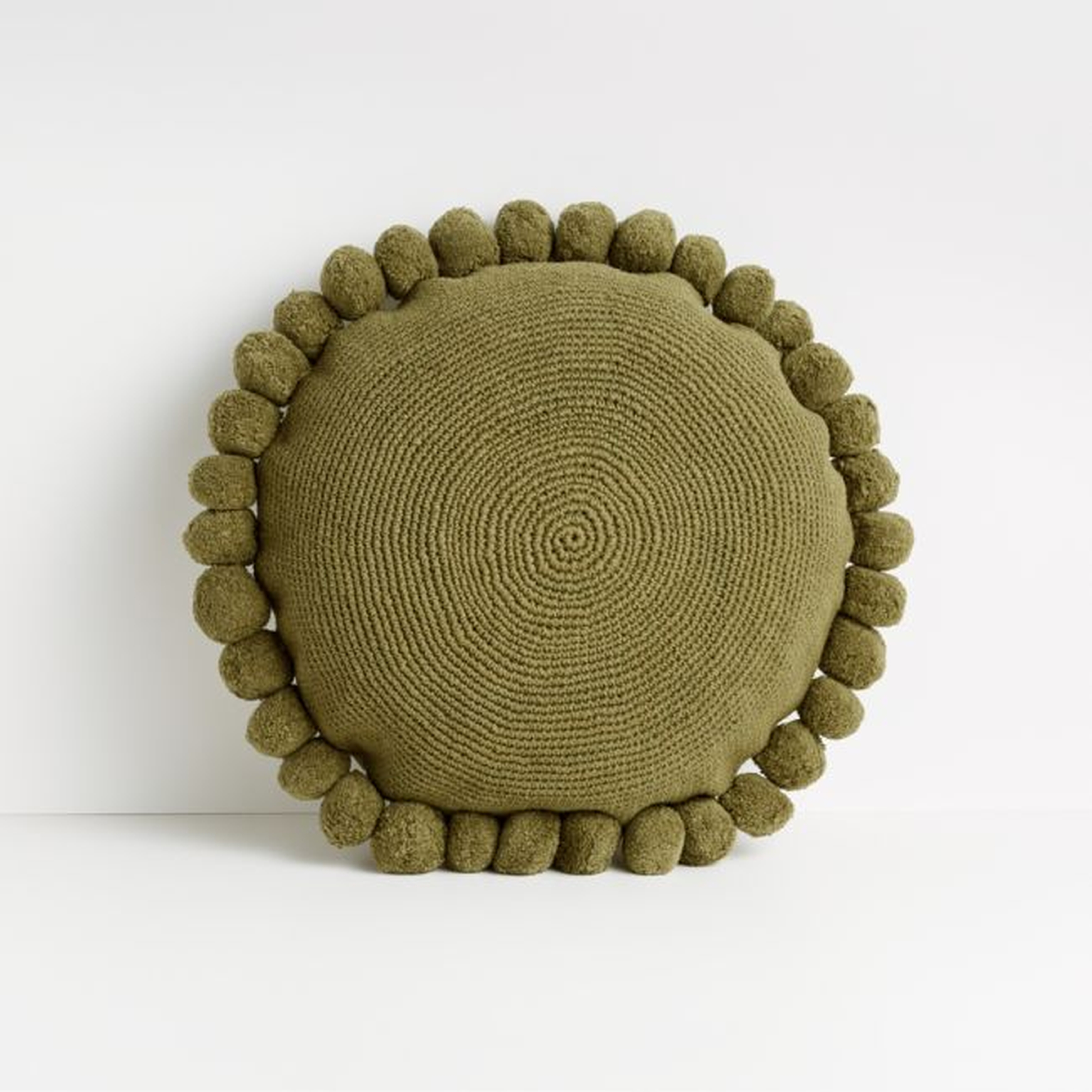 Pico 18" Olive Branch Round Pom Pom Pillow - Crate and Barrel