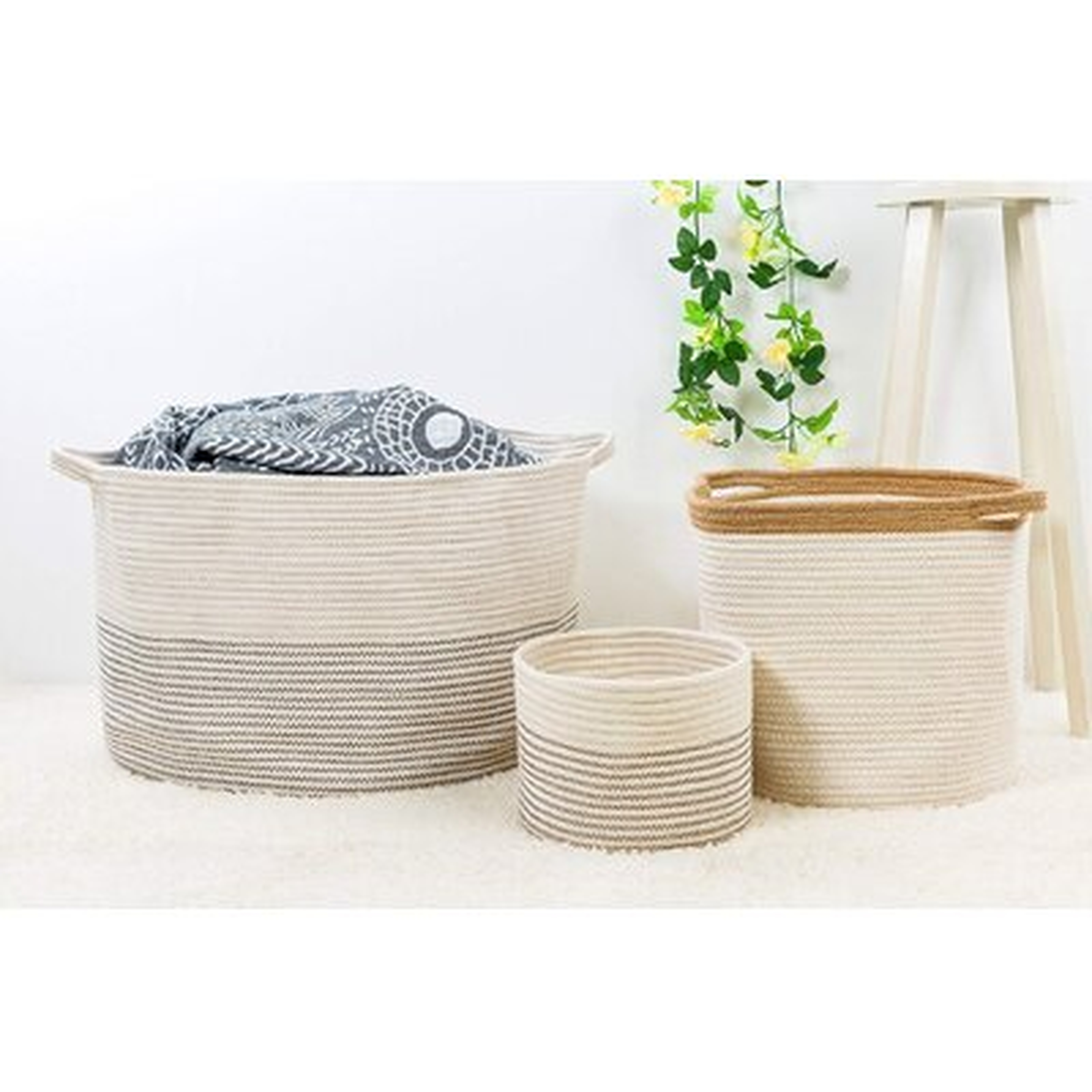 Xxxlarge Cotton Rope Basket 21.7" X 21.7" X 13.8" Woven Baby Laundry Basket For Blankets Toys Storage Basket With Handle Comforter Cushions Storage Bins Thread Laundry Hamper-Black Stitch - Wayfair