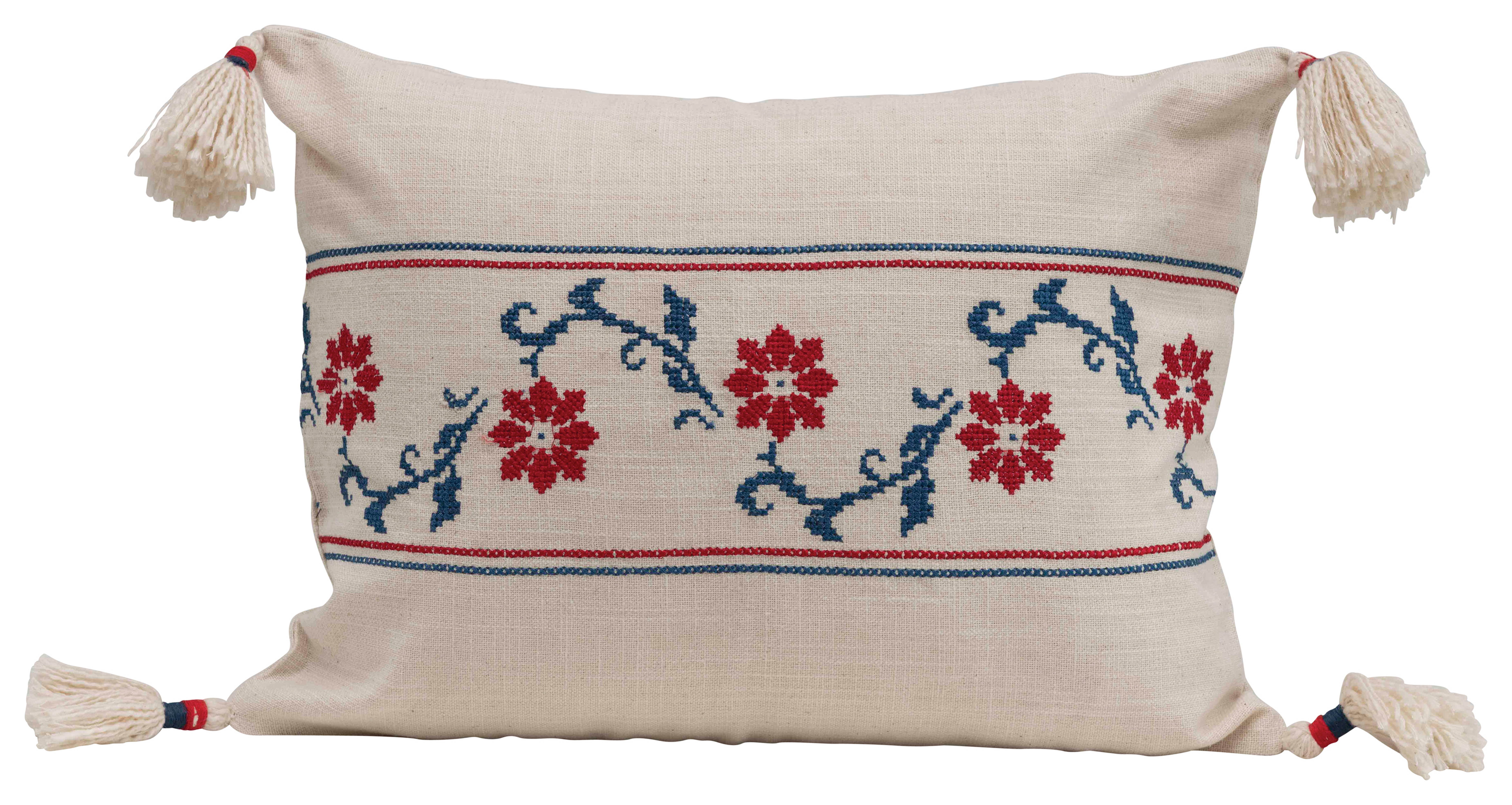 Rectangle Floral & Stripes Cross-Stitch Cotton Lumbar Pillow with Tassel Corners - Creative Co-Op