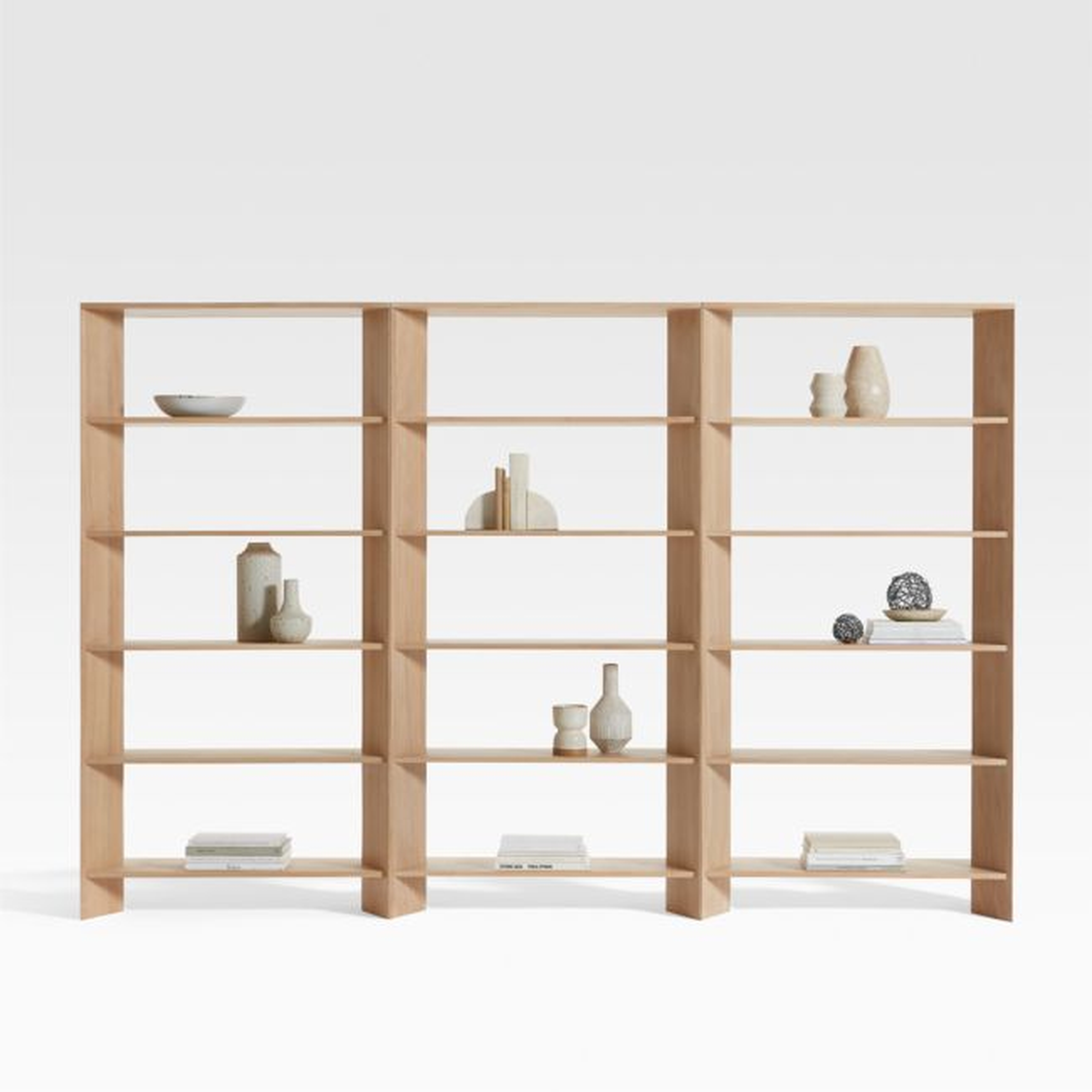 Terrazza 114" Natural Solid Oak Wood 5-Shelf Bookcases, Set of 3 - Crate and Barrel