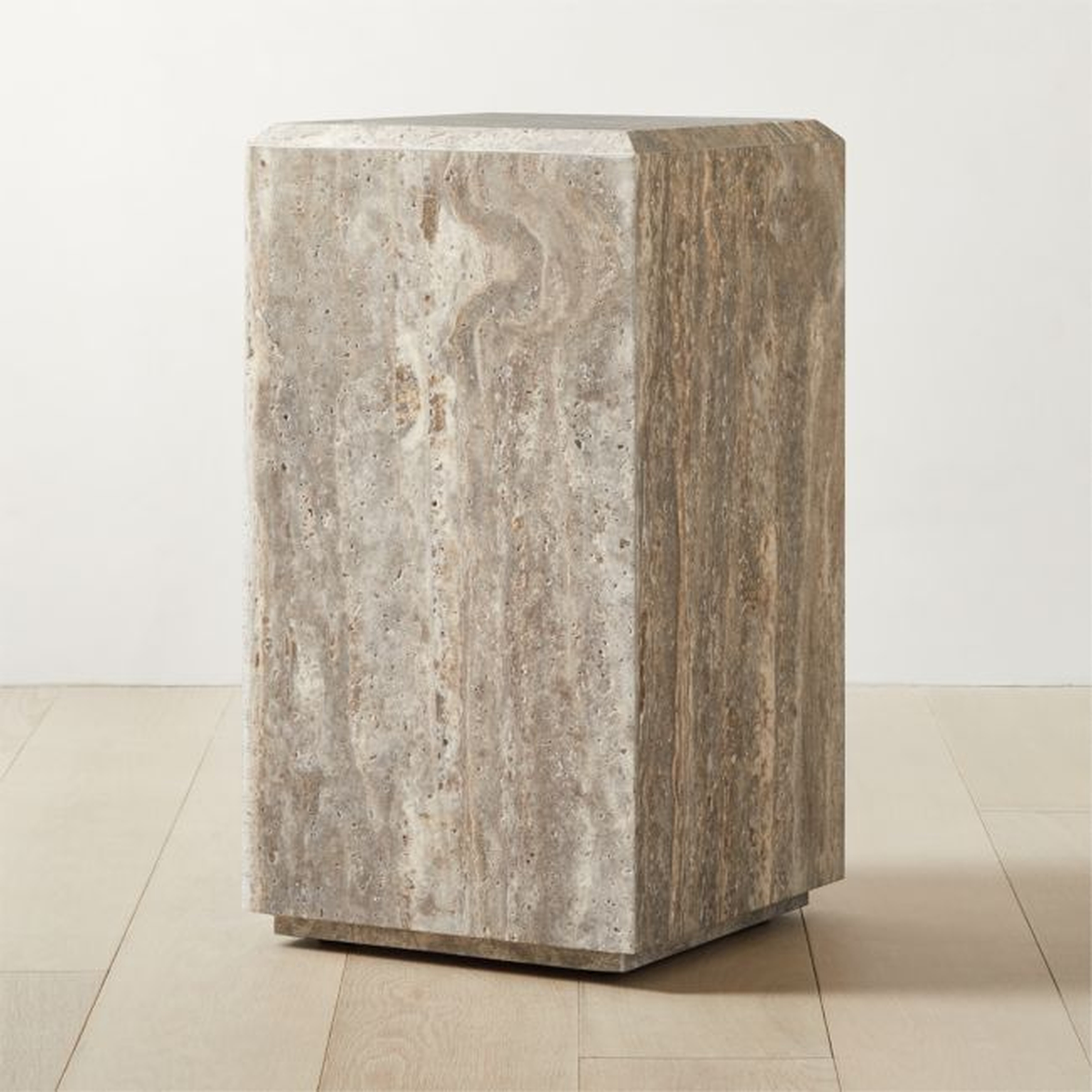 Tura Short Brown Travertine Pedestal Table - CB2