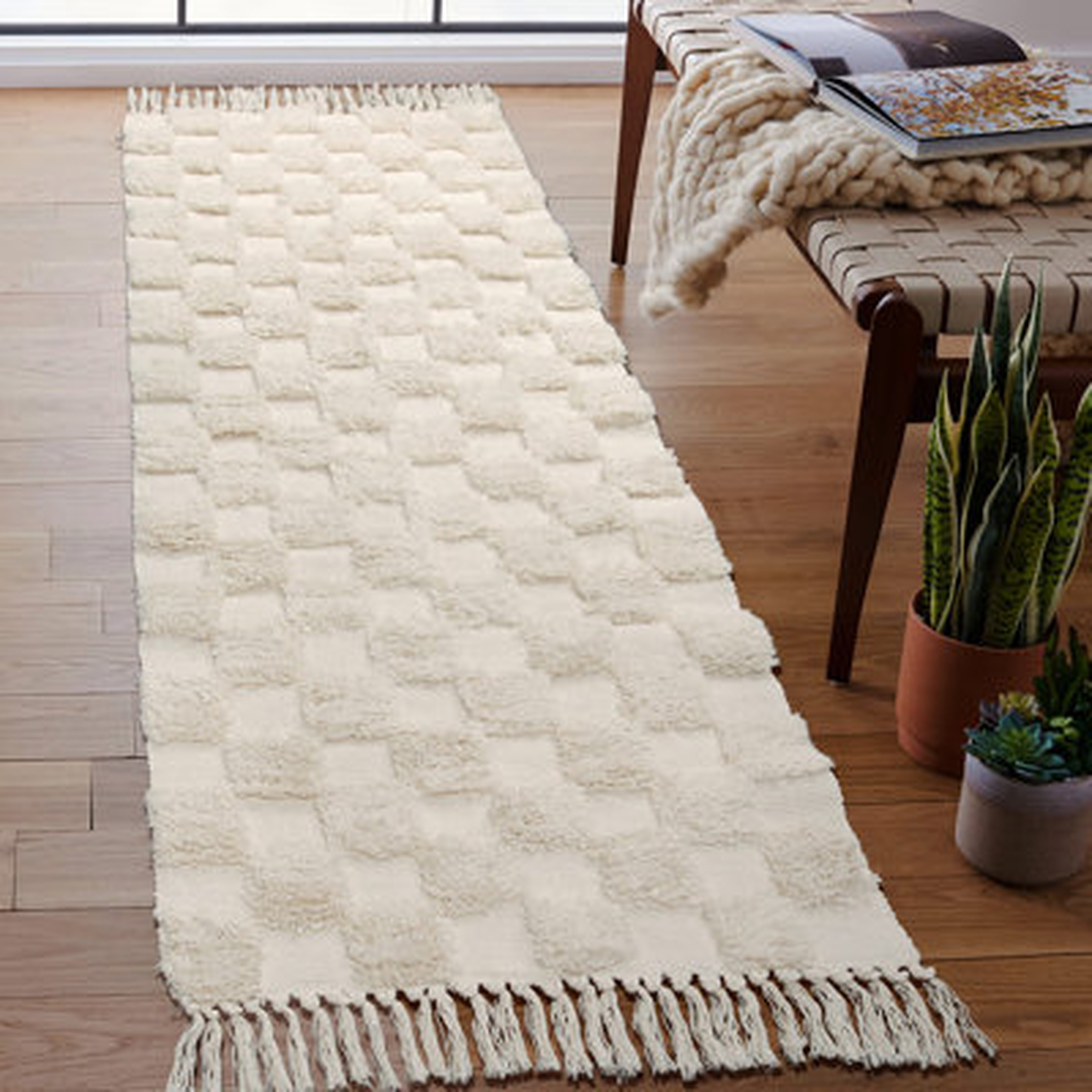 Boho Checkered Tufted Rug - 2X6 Runner Rug Beige Hallway Runner Washable,Beige - Wayfair