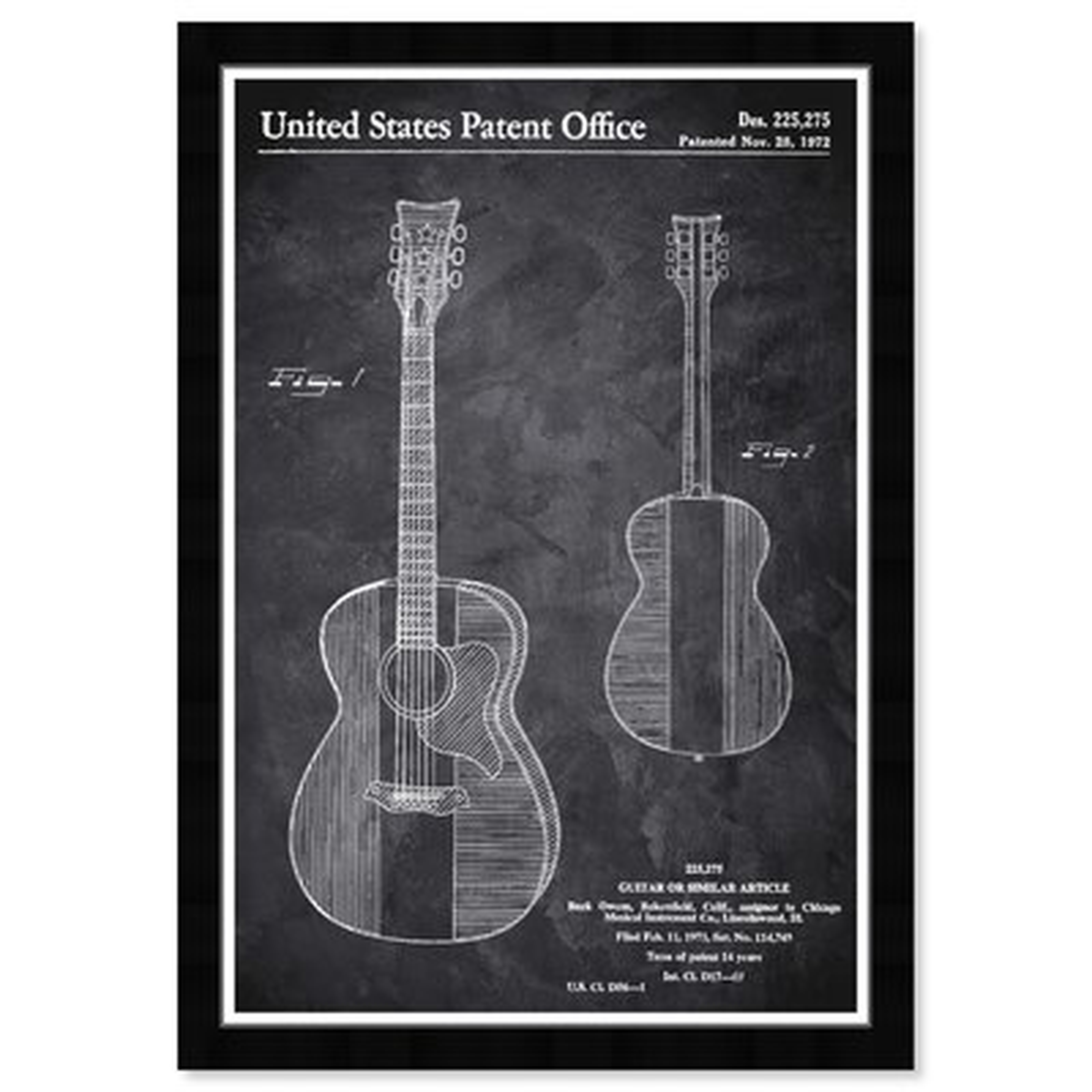 'Music and Dance Buck Owens Guitar 1972 Chalkboard Music Instruments' - Picture Frame Graphic Art Print on Paper - Wayfair