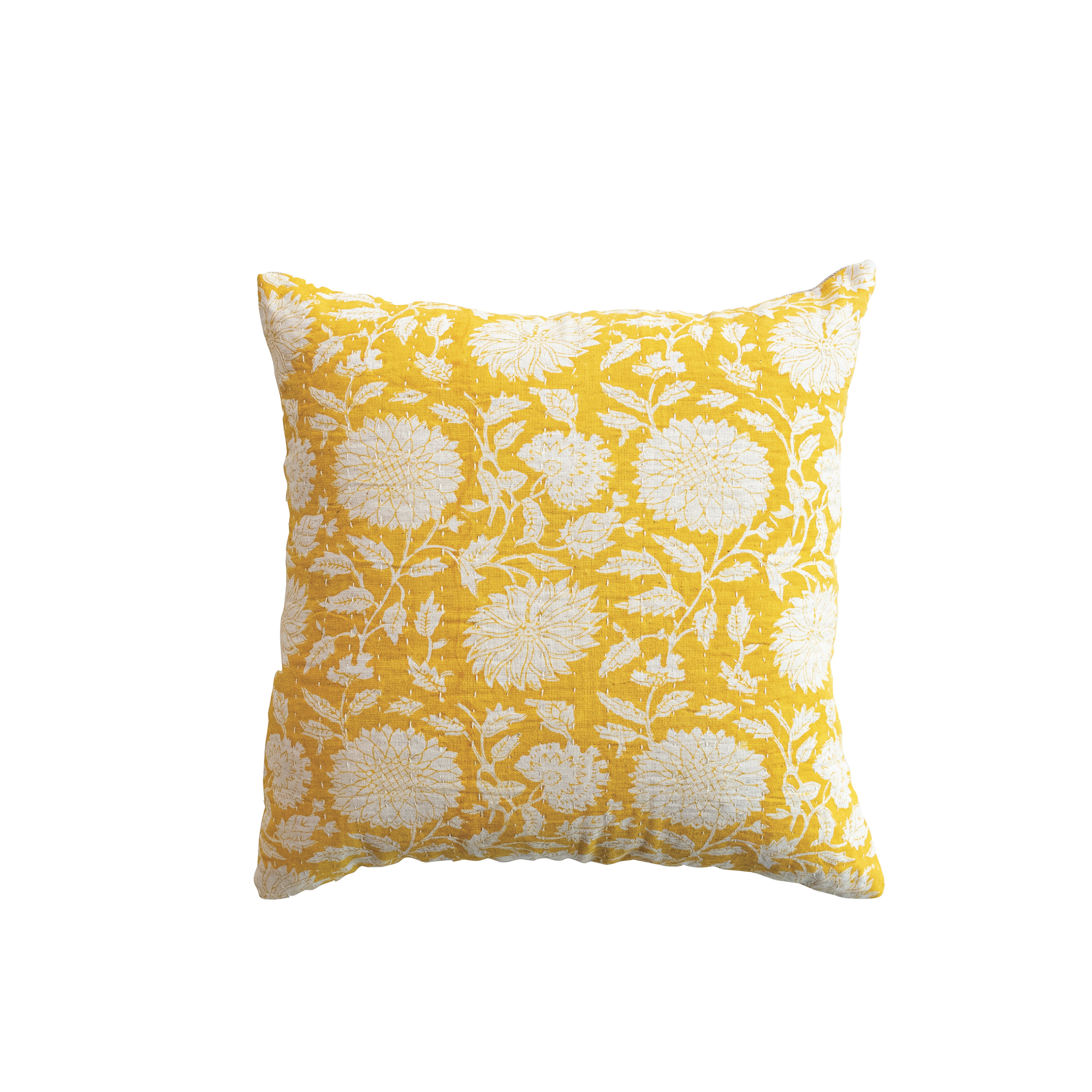 Block Printed Cotton and Linen Pillow, Yellow and White - Creative Co-Op