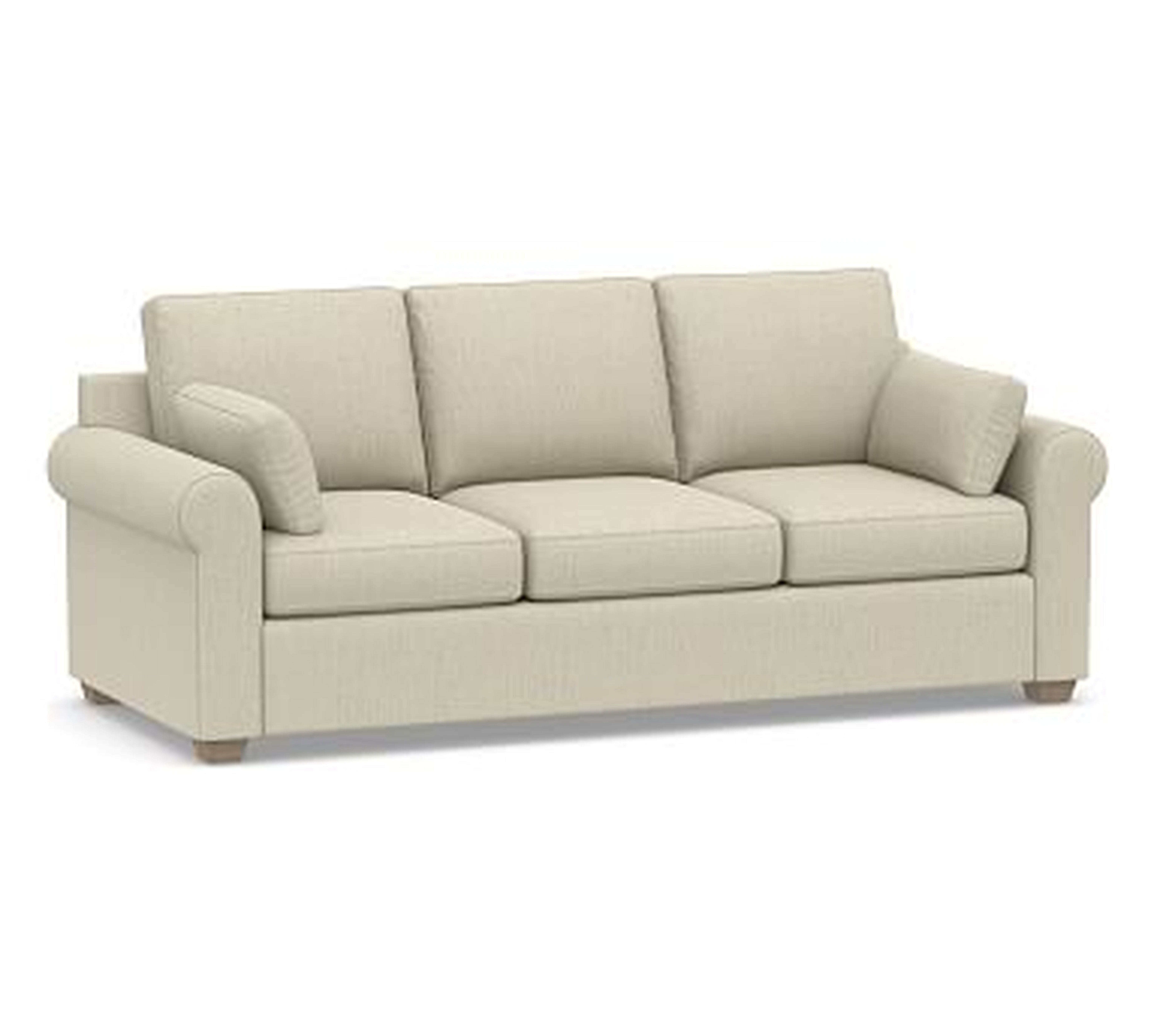 Jenner Roll Arm Upholstered Sofa 92", Down Blend Wrapped Cushions, Chenille Basketweave Oatmeal - Pottery Barn