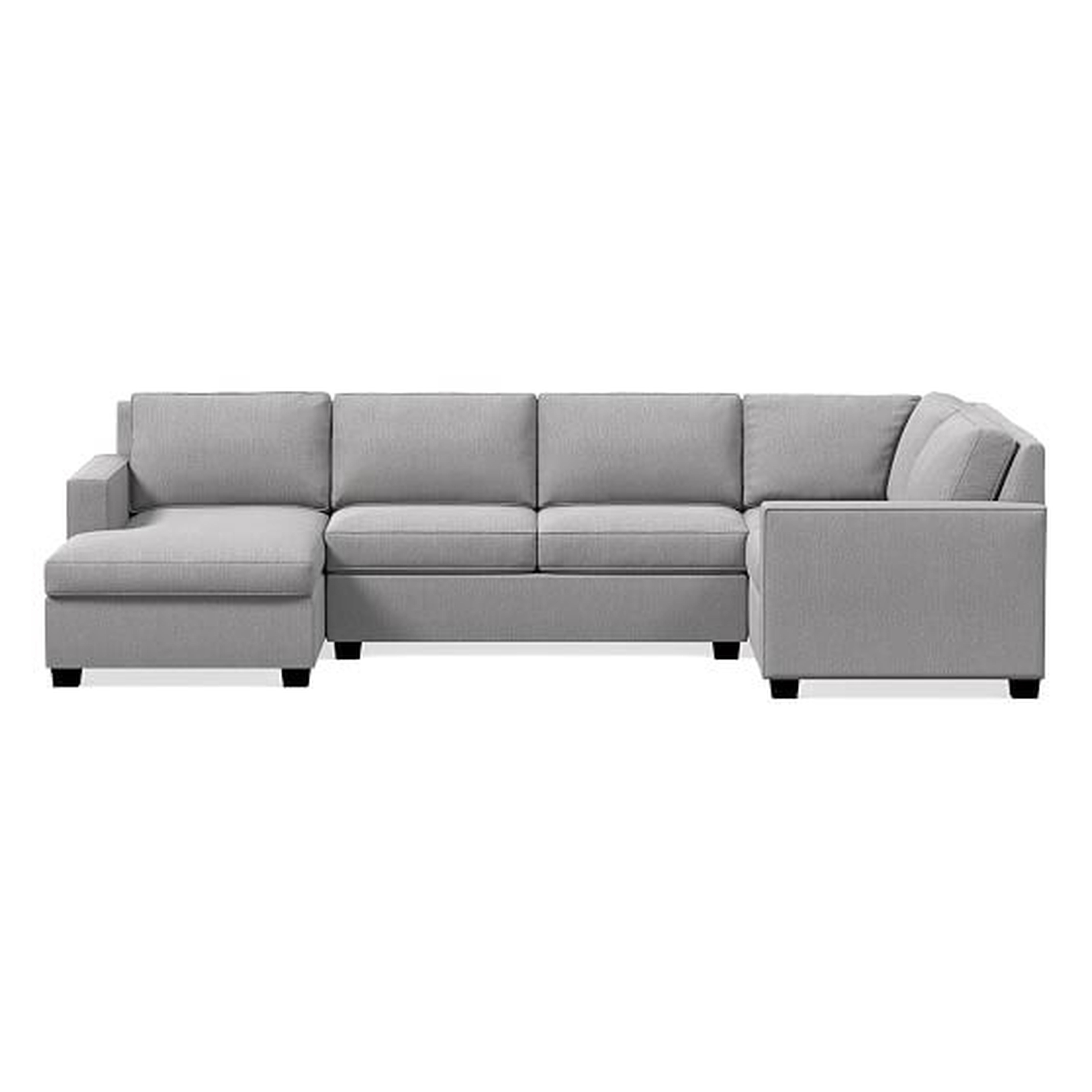 Henry Sectional Set 08: Armless Loveseat, Corner, Left Arm Chair, Right Arm Chaise, Poly, Sunbrella Performance Chenille, Fog, Chocolate - West Elm