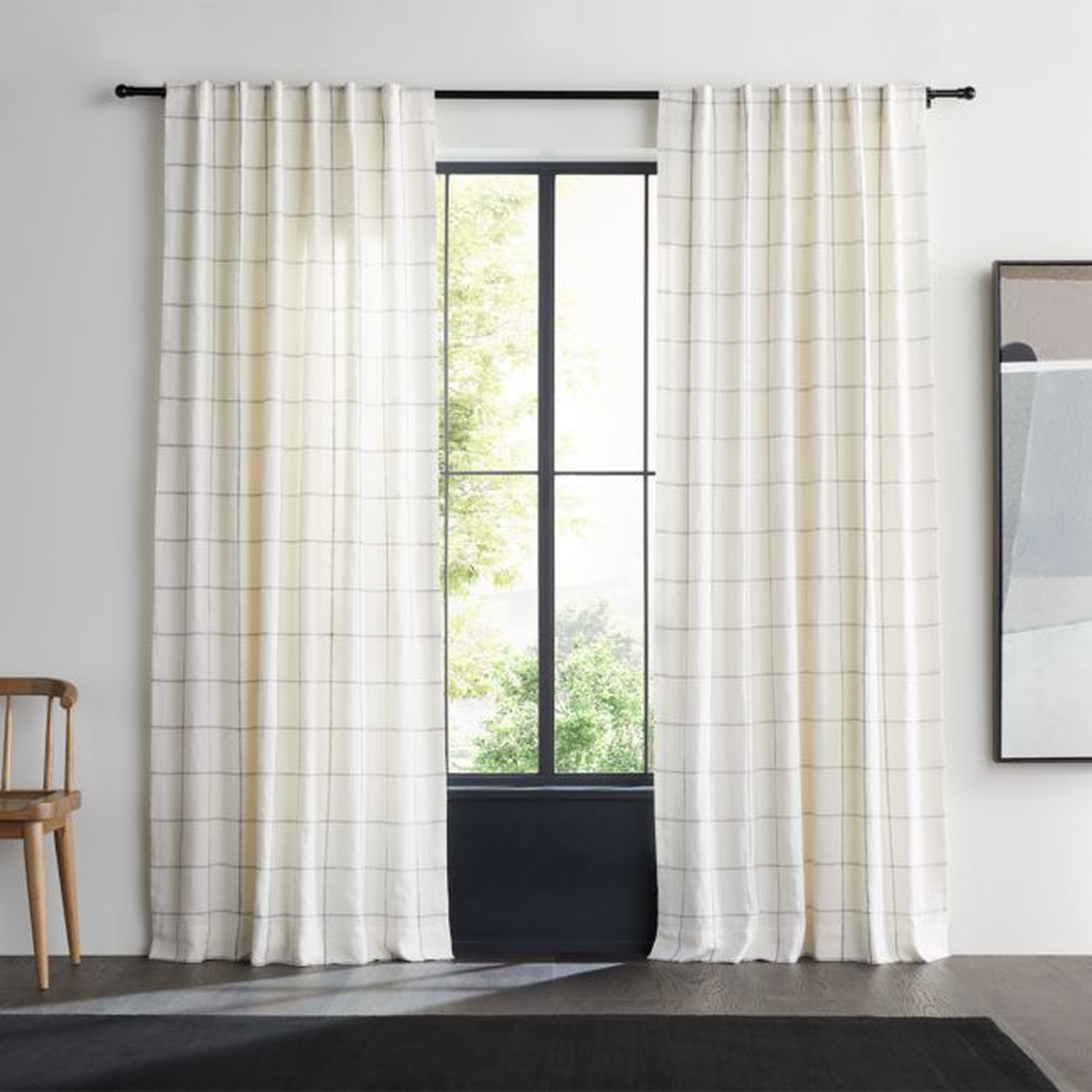 Pampas Ivory & Storm Grey Linen Double Pinstripe Grid Window Curtain Panel 52"x96" - Crate and Barrel