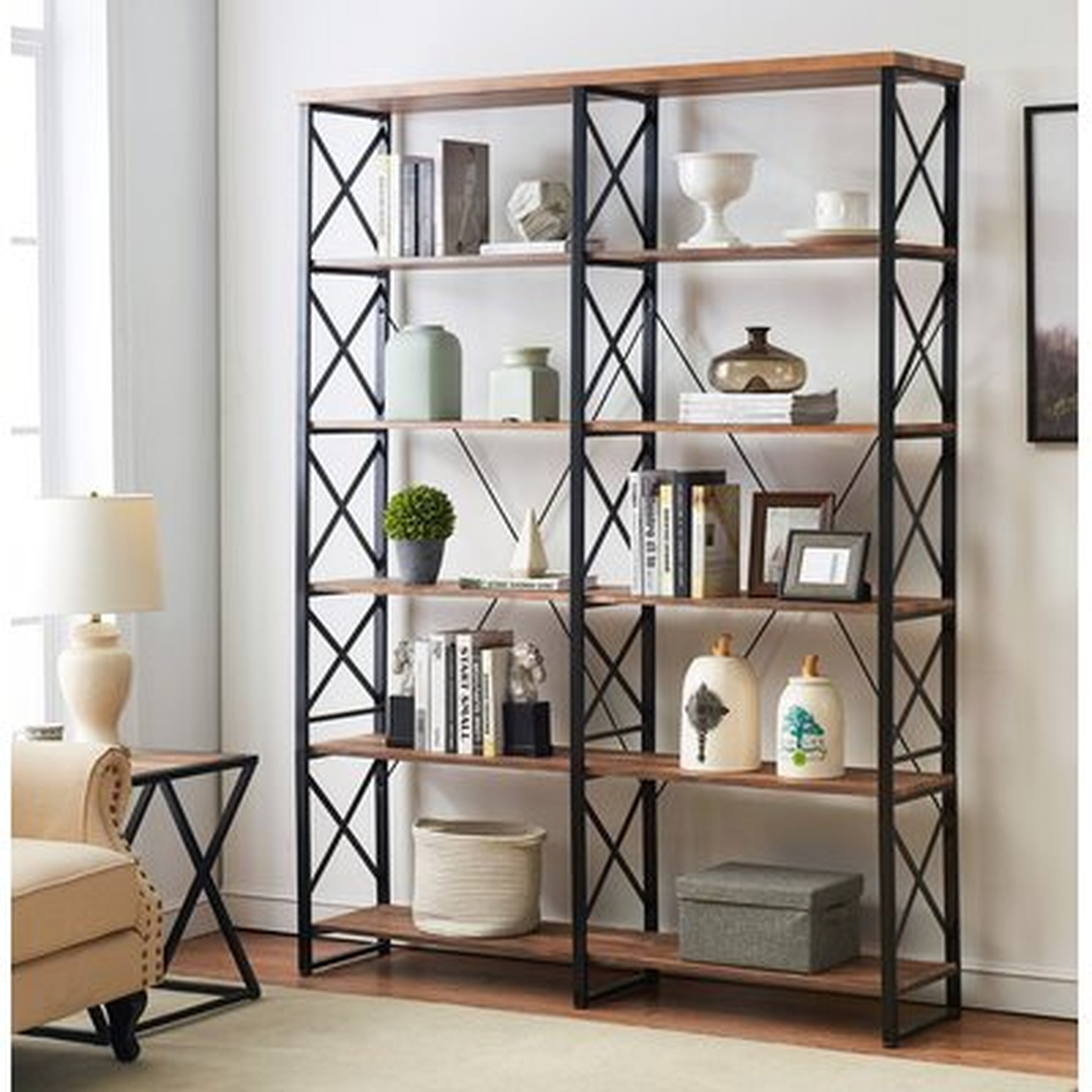 Bookshelf, Double Wide 6-tier Open Bookcase Vintage Industrial Large Shelves, Wood And Metal Etagere Bookshelves, For Home Decor Display, Office Furniture - Wayfair