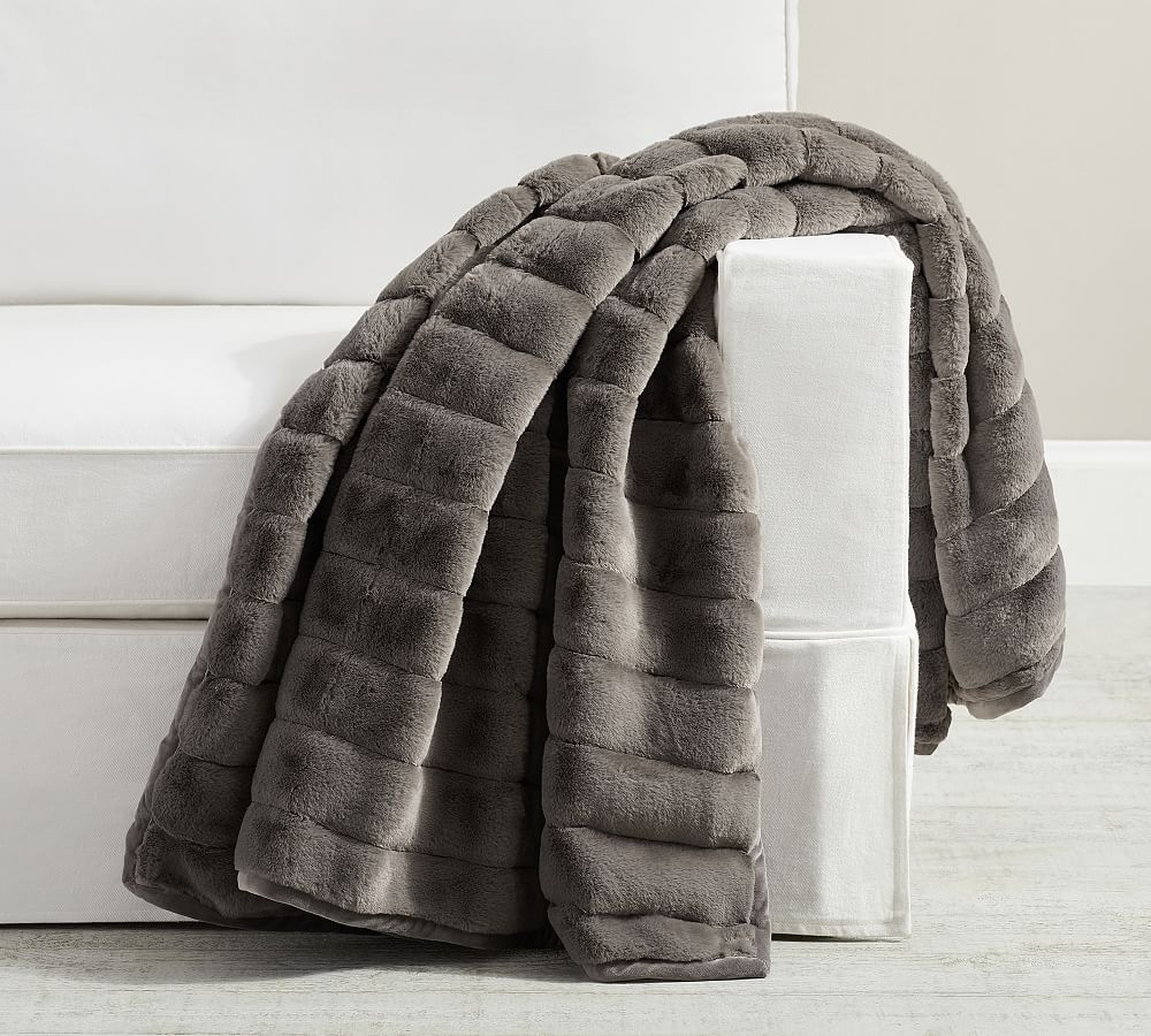 Faux Fur Ruched Throw, 50 x 60", Nickel Channel - Pottery Barn