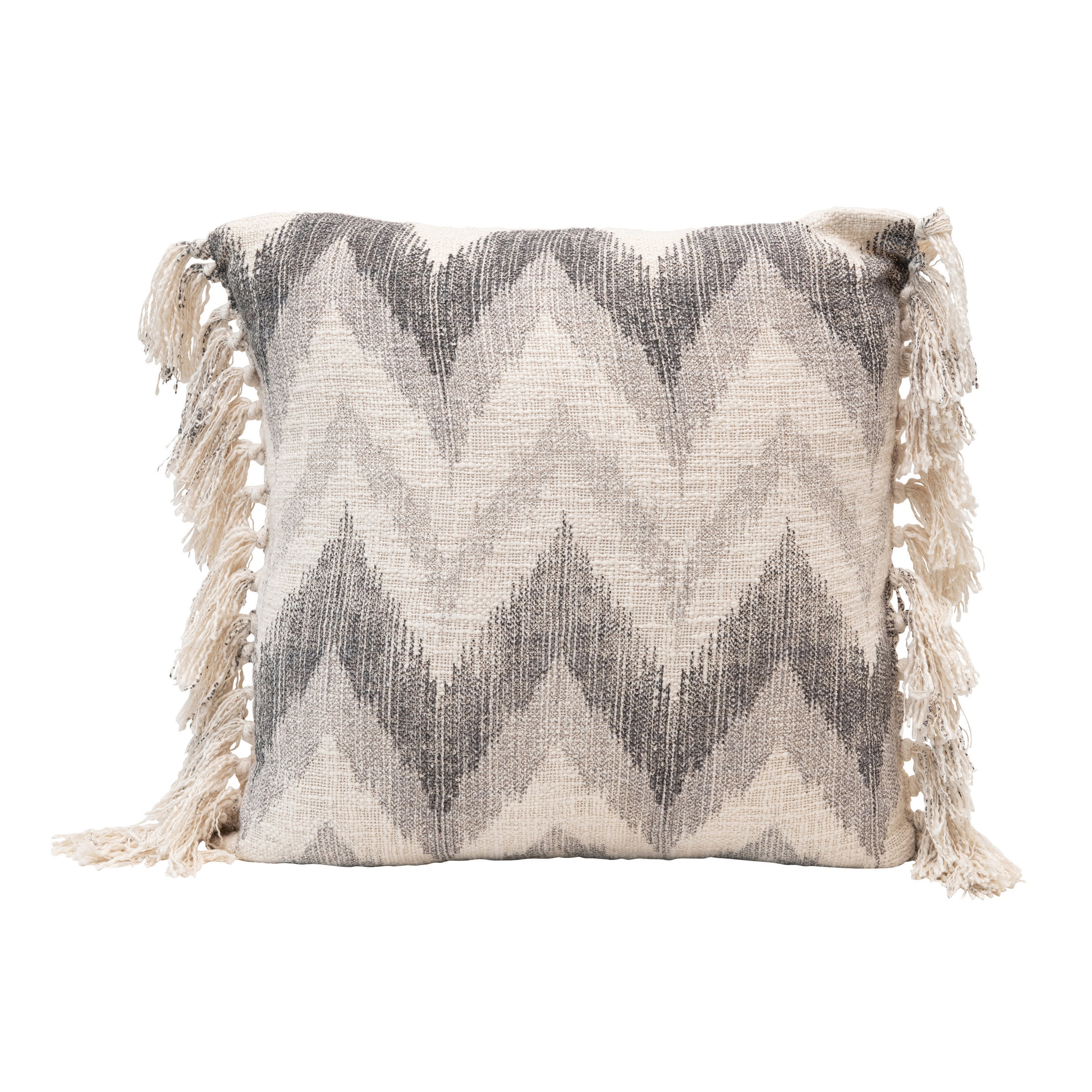 Stonewashed Cotton Slub Pillow with Chevron Print & Tassels, Multi Color - Nomad Home