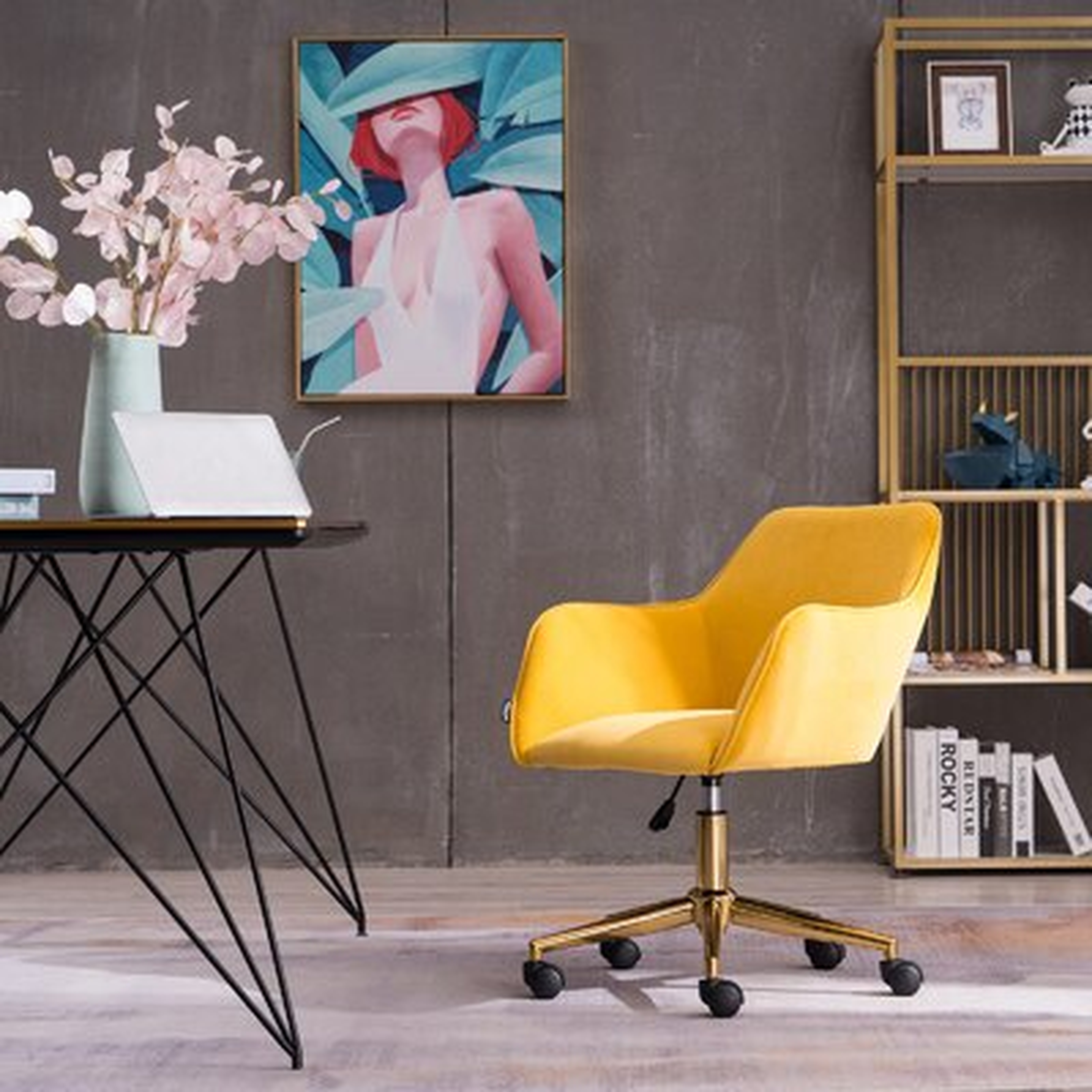 Modern Velvet Adjustable Revolving Home Office Chair With Gold Metal Legs Universal Wheel For Indoor - Wayfair