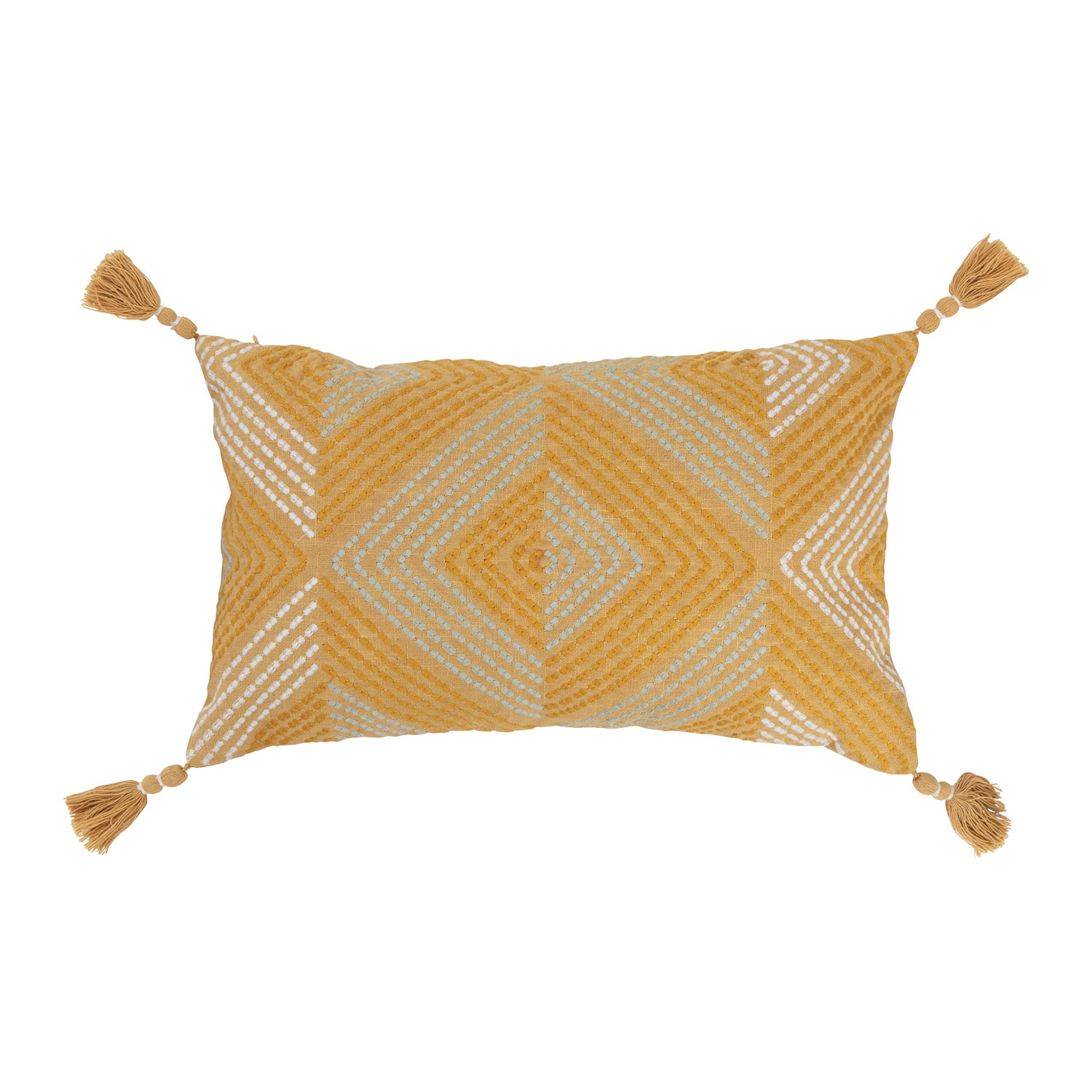 Cotton Embroidered Lumbar Pillow with Tassels - Creative Co-Op