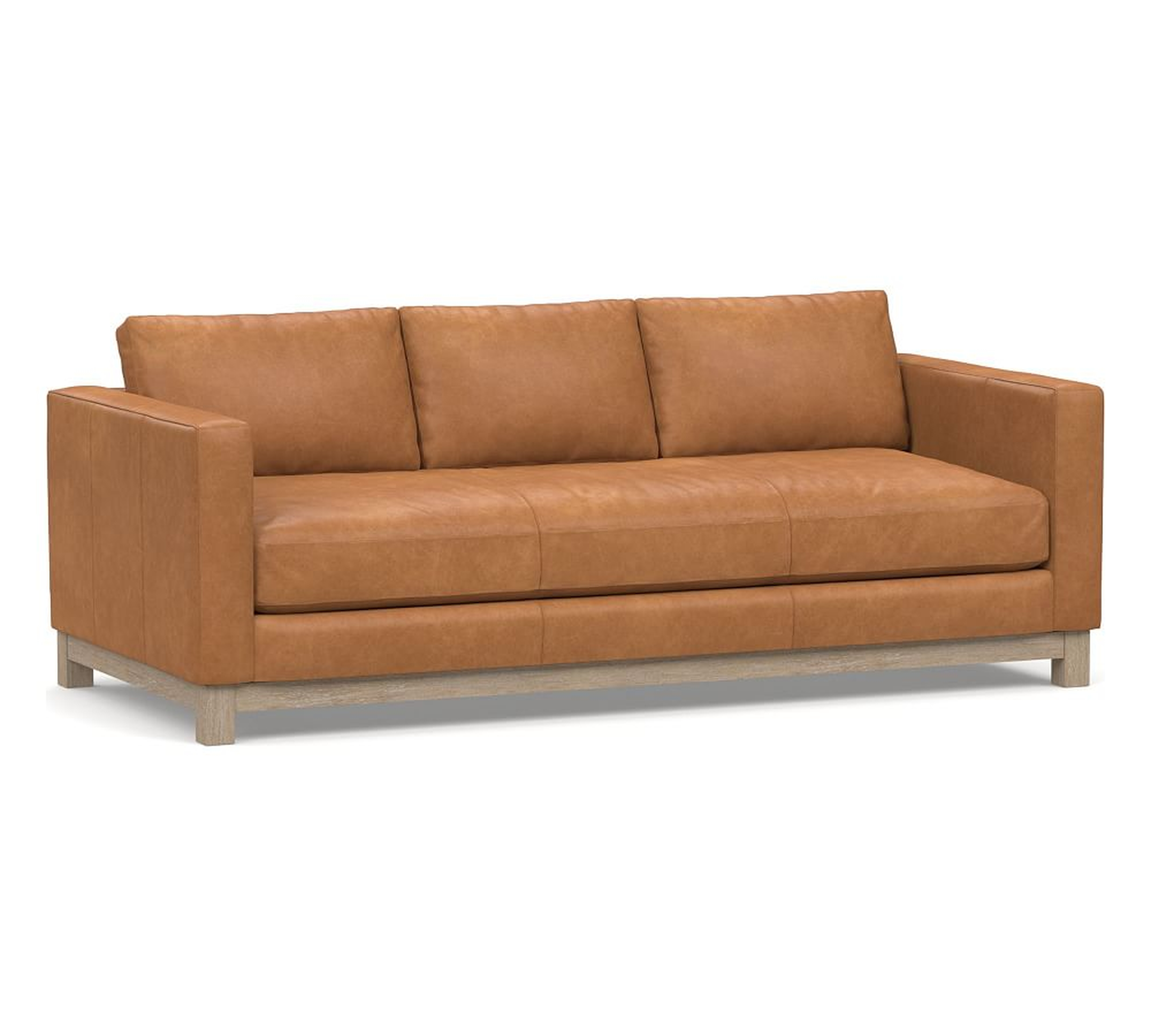 Jake Leather Sofa 85" with Wood Legs, Down Blend Wrapped Cushions Churchfield Camel - Pottery Barn