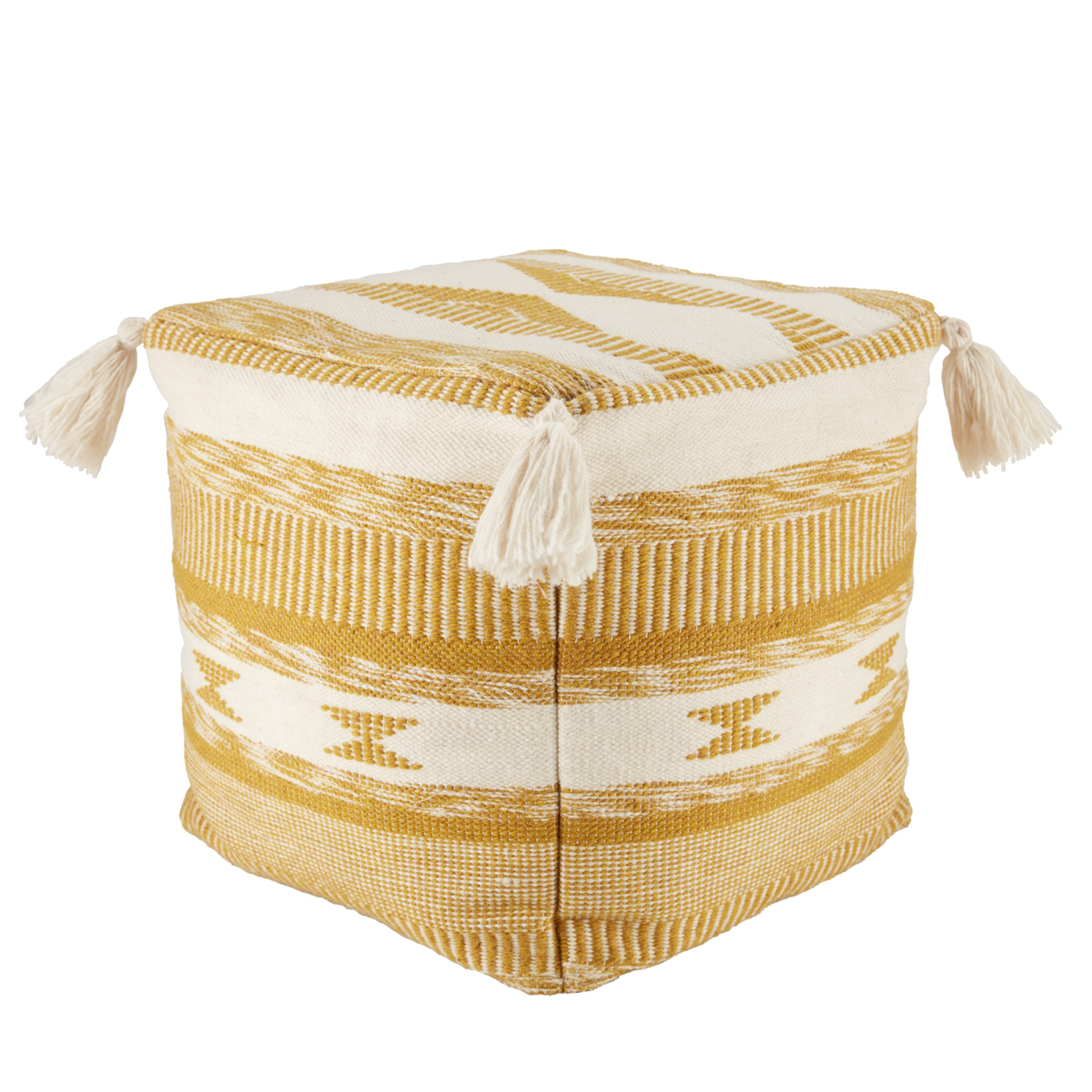 Tedik Indoor/ Outdoor Tribal Gold/ White Cube Pouf - Collective Weavers