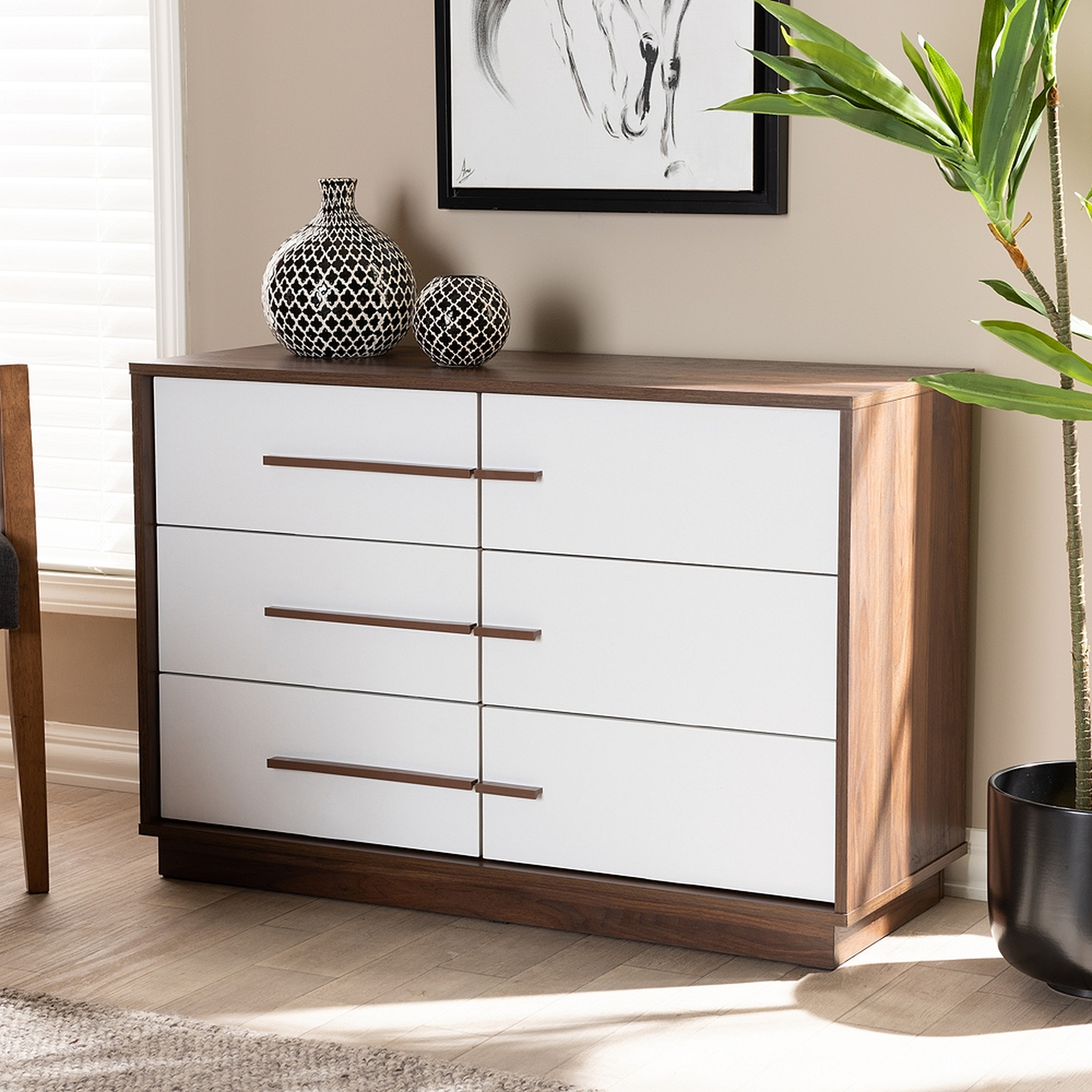 Baxton Studio Mette White and Walnut 6-Drawer Wood Dresser - Style # 74N57 - Lamps Plus
