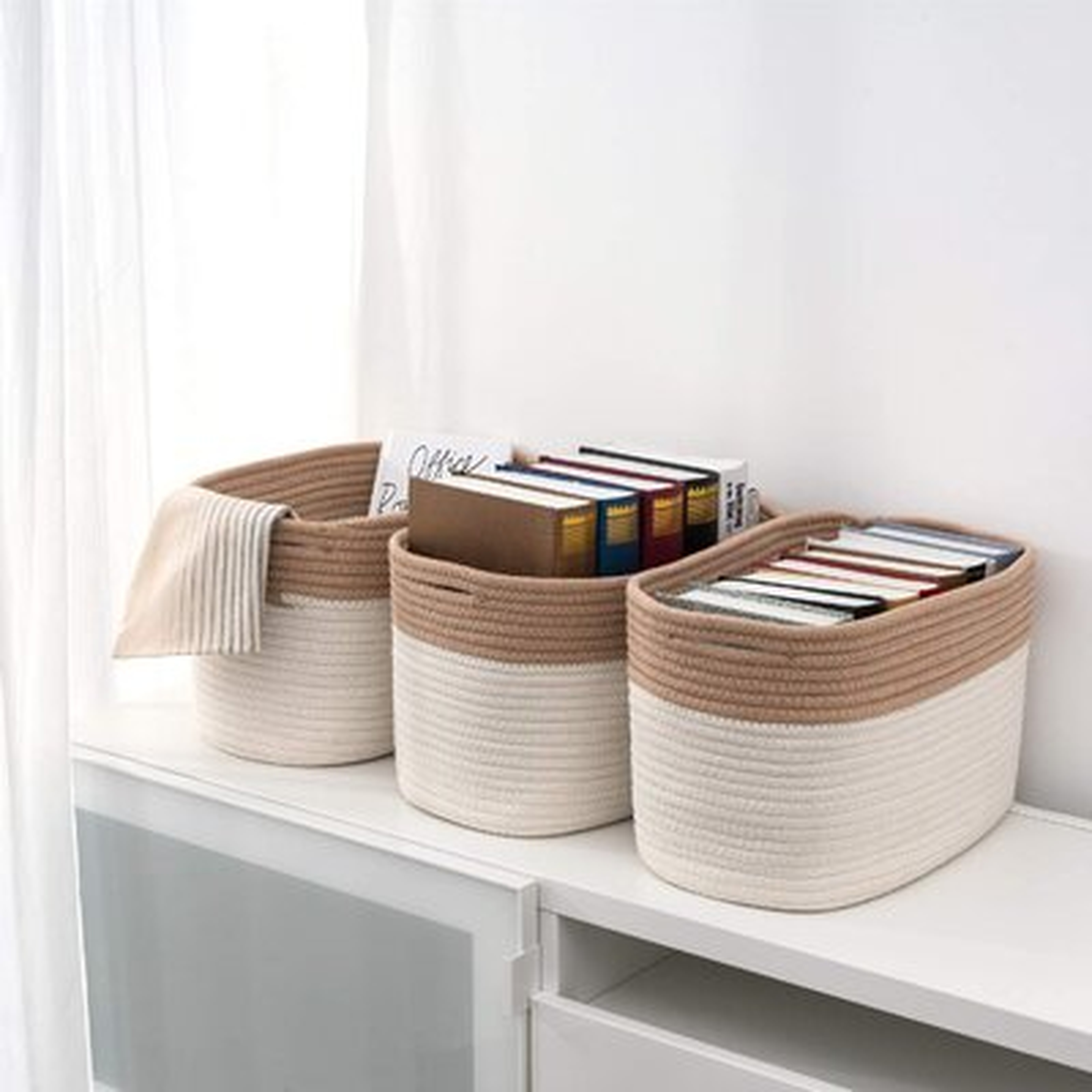 Cotton Rope Storage Baskets Bin Set Of 3 Storage Cube Organizer Foldable Decorative Woven Basket With Handles For Clothes, Toy, Makeup, Books, Towels, Nursery 15"X 10"X 9" - Wayfair