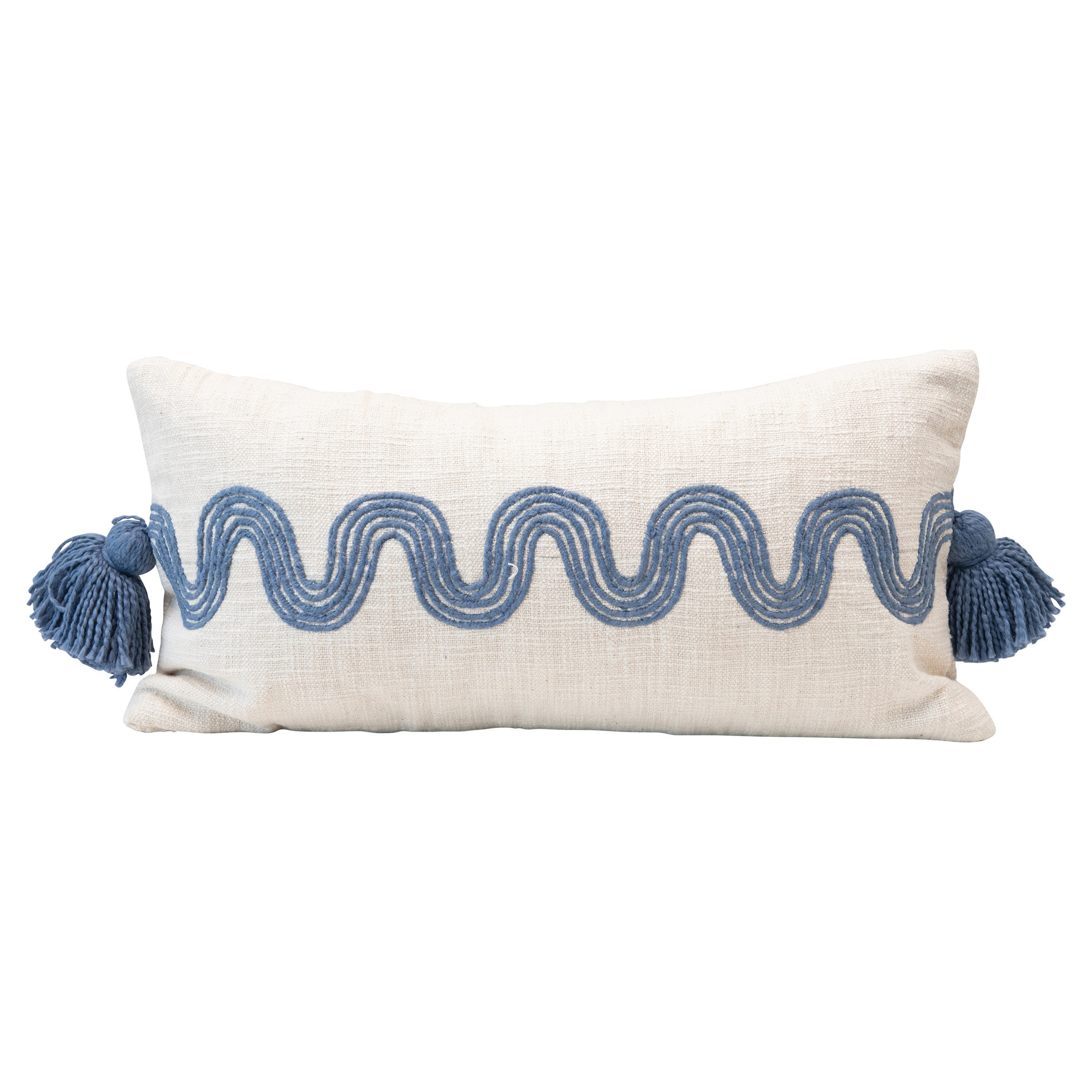 Cotton Lumbar Pillow with Embroidered Curved Pattern & Tassels, Cream Color & Blue - Nomad Home