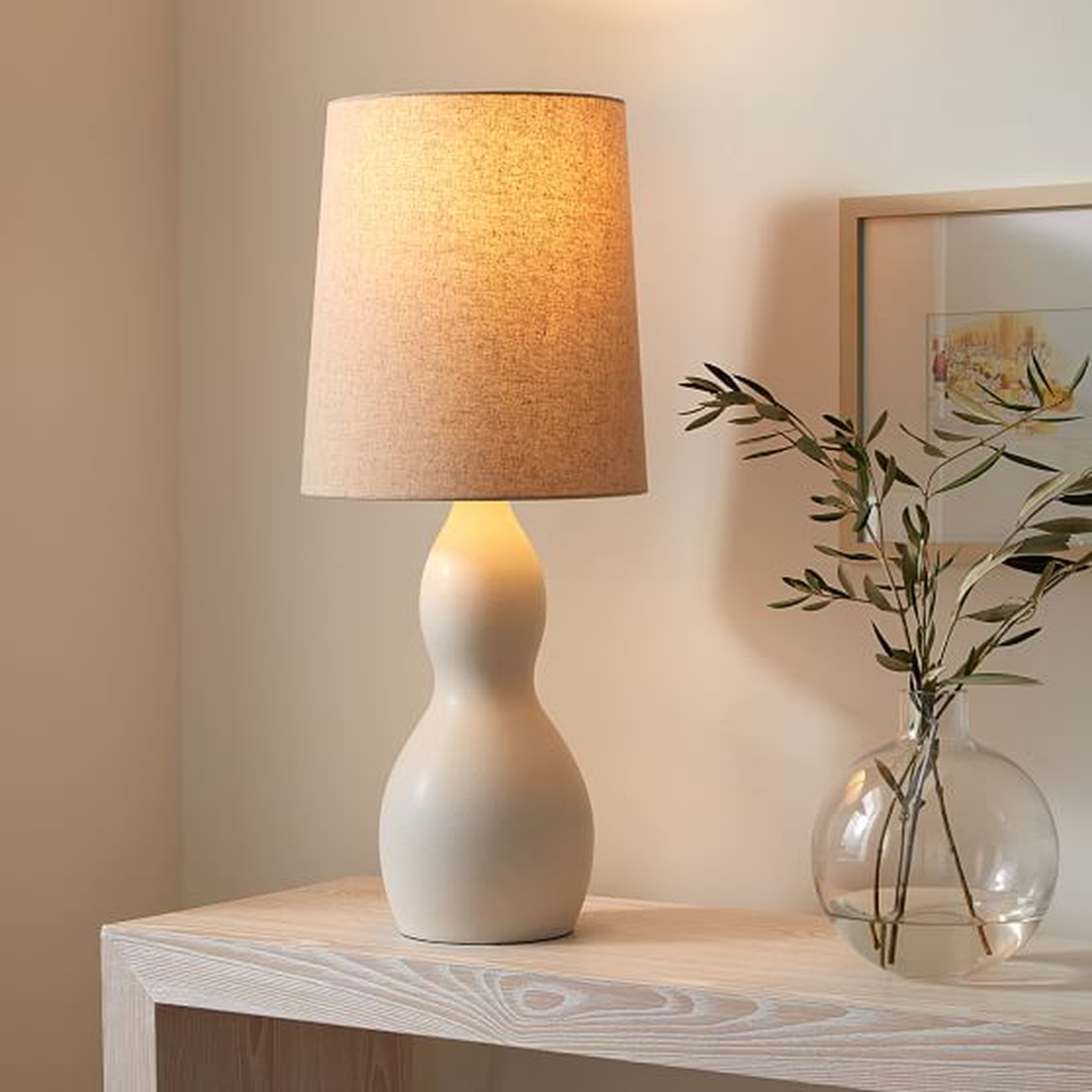 Modern Gourd Table Lamp, 29.5", White & Natural Linen - West Elm