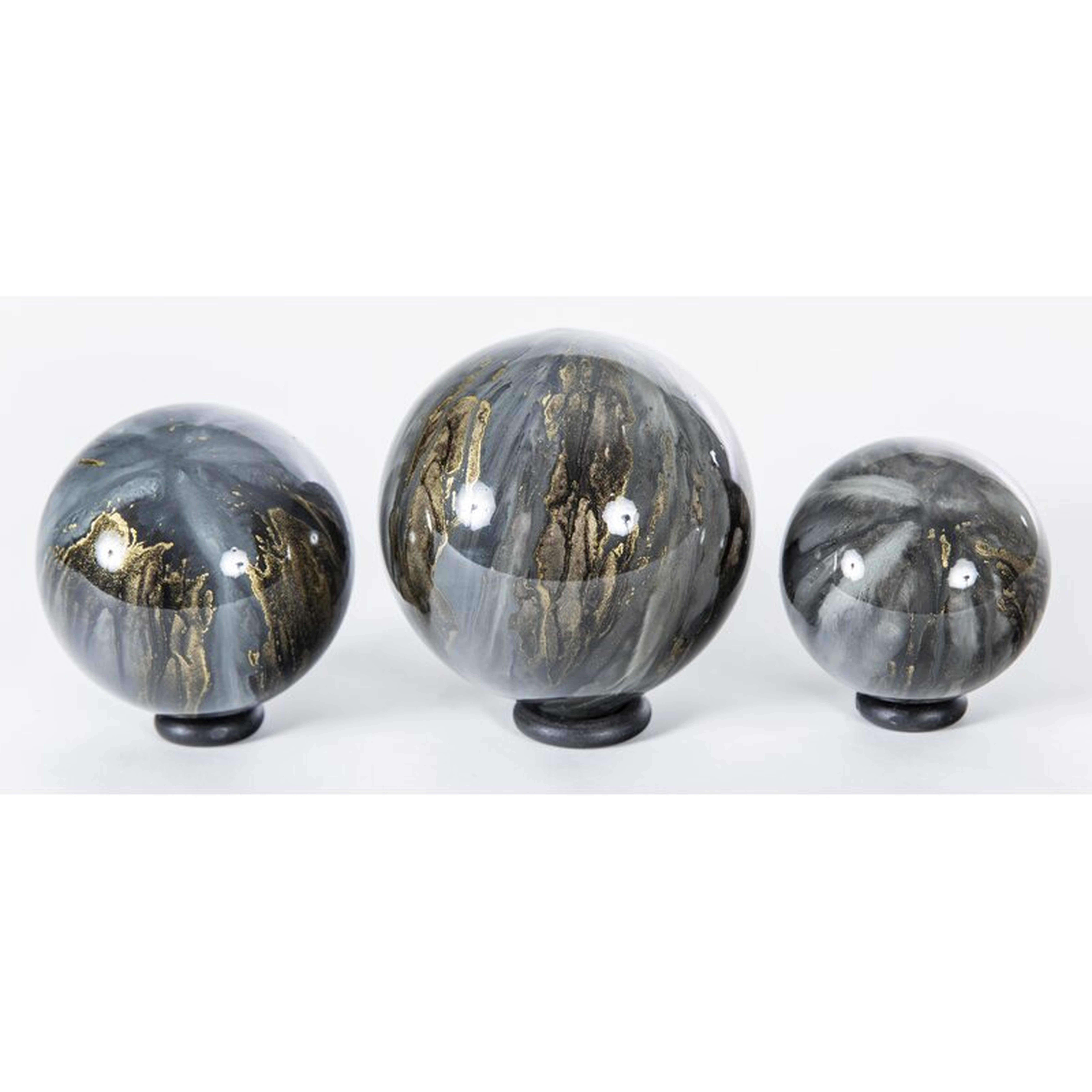 Prima Design Source 3 Piece Cathedral Stone Hand Blown Glass Display Spheres on Iron Ring Stands Sculpture Set - Perigold