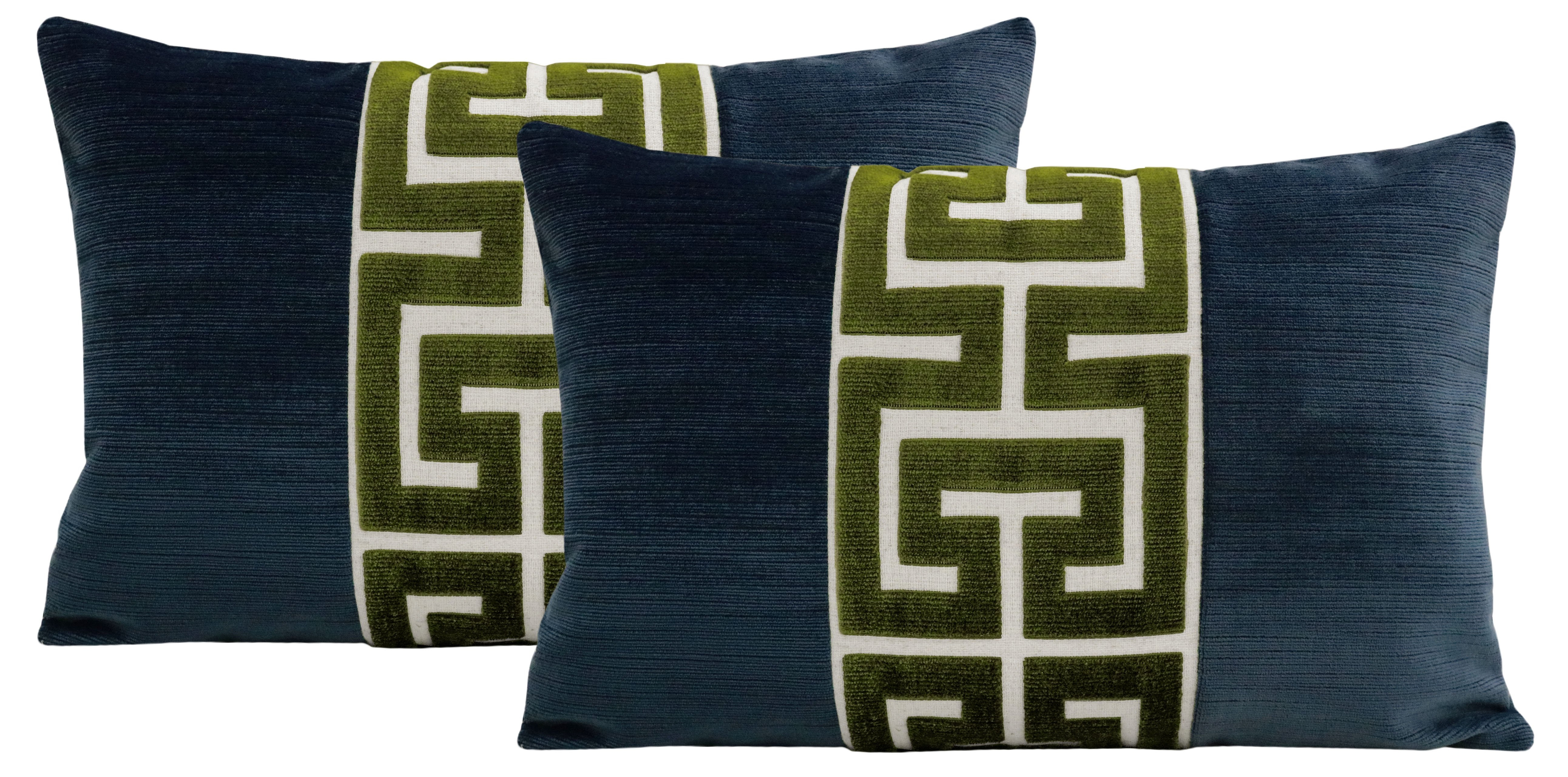 The Little Lumbar :: Strie Velvet // Navy Blue + Peridot Greek Trim PAIR - 12" X 18" - Little Design Company