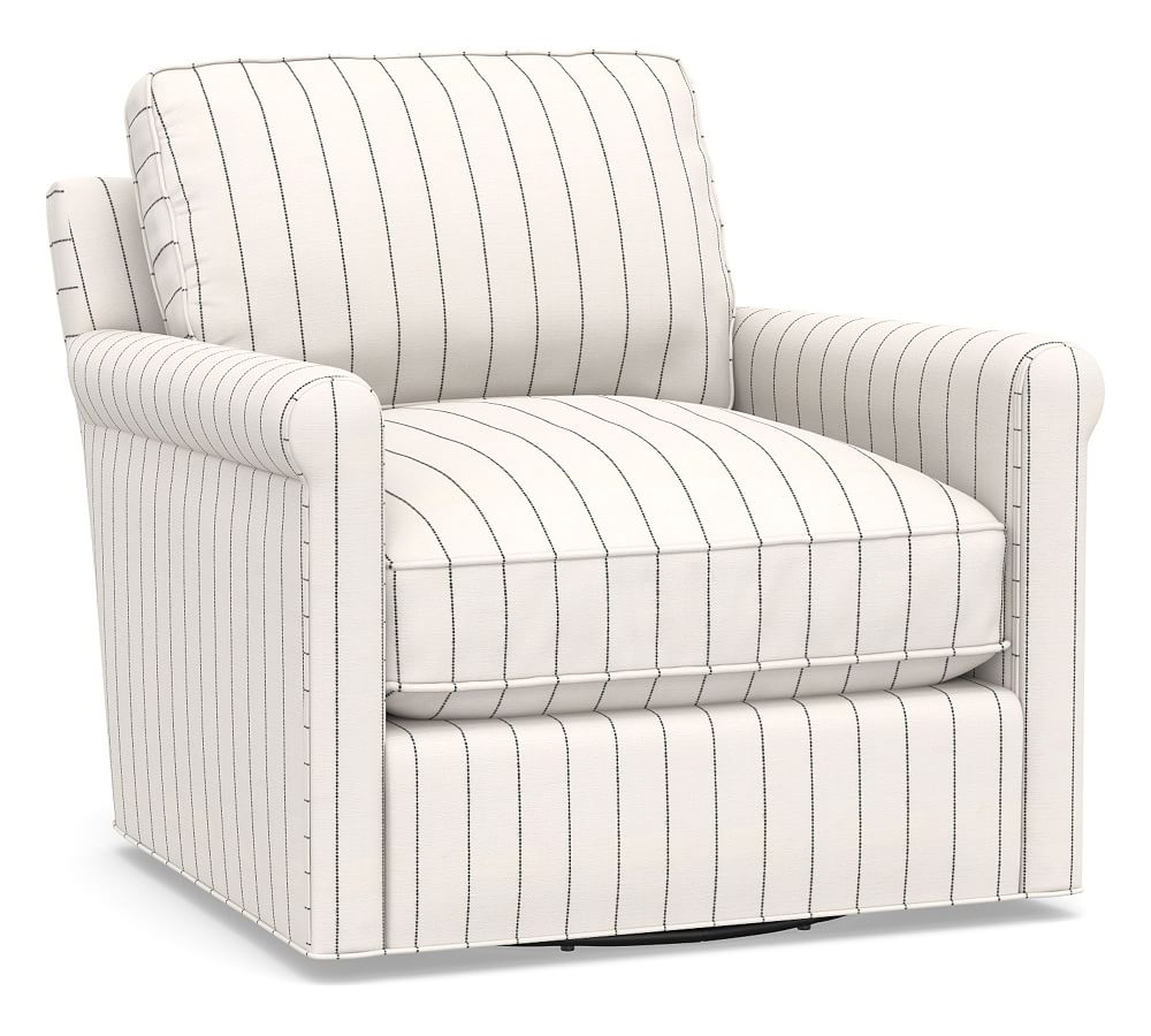 Tyler Roll Arm Upholstered Swivel Armchair, Down Blend Wrapped Cushions, Sunbrella(R) Performance Harbor Stripe Classic - Pottery Barn