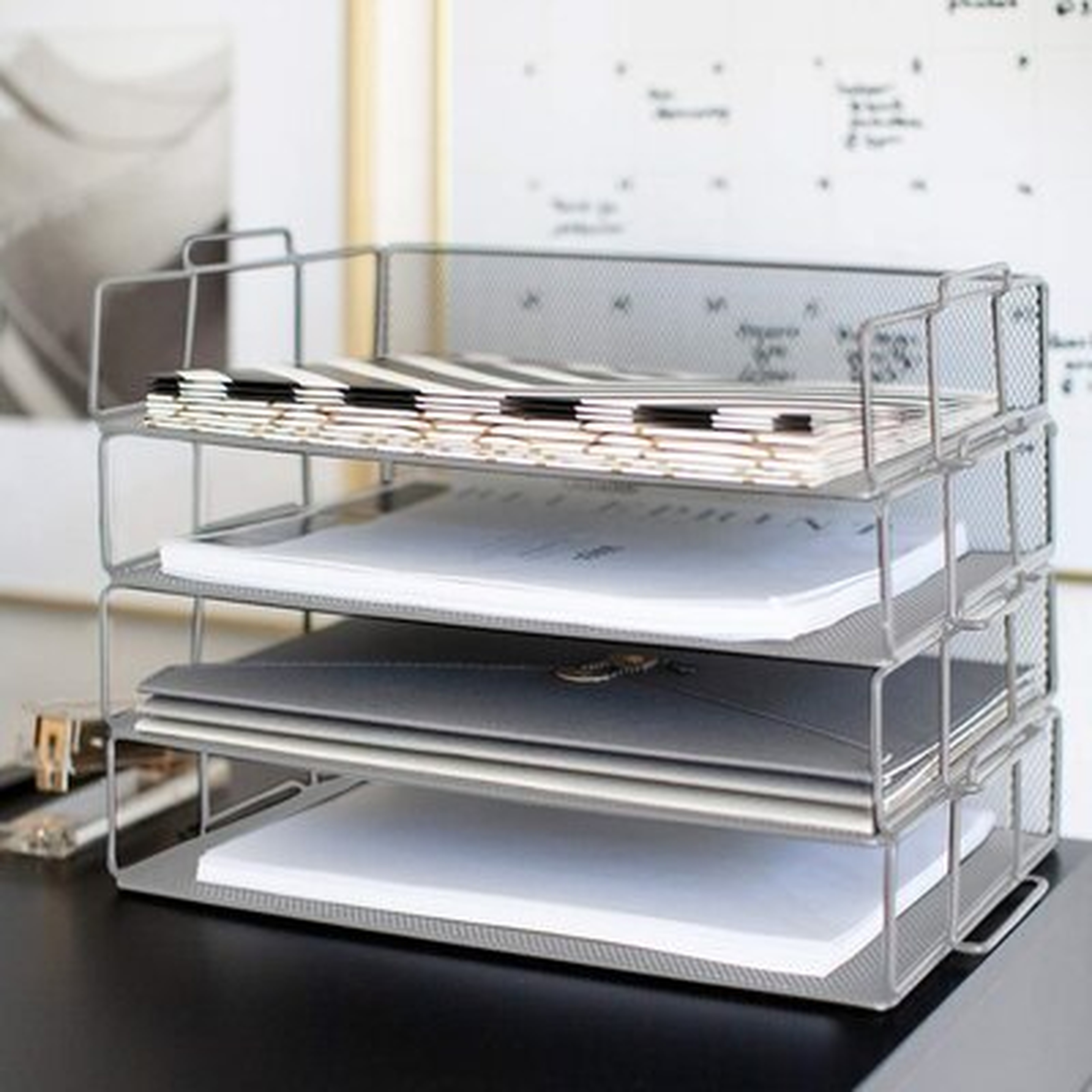 Desk Organizers And Accessories Stackable Paper Tray - 4 Tier Stackable Letter Trays - Silver Metal Mesh File Holder Organizer - Wayfair