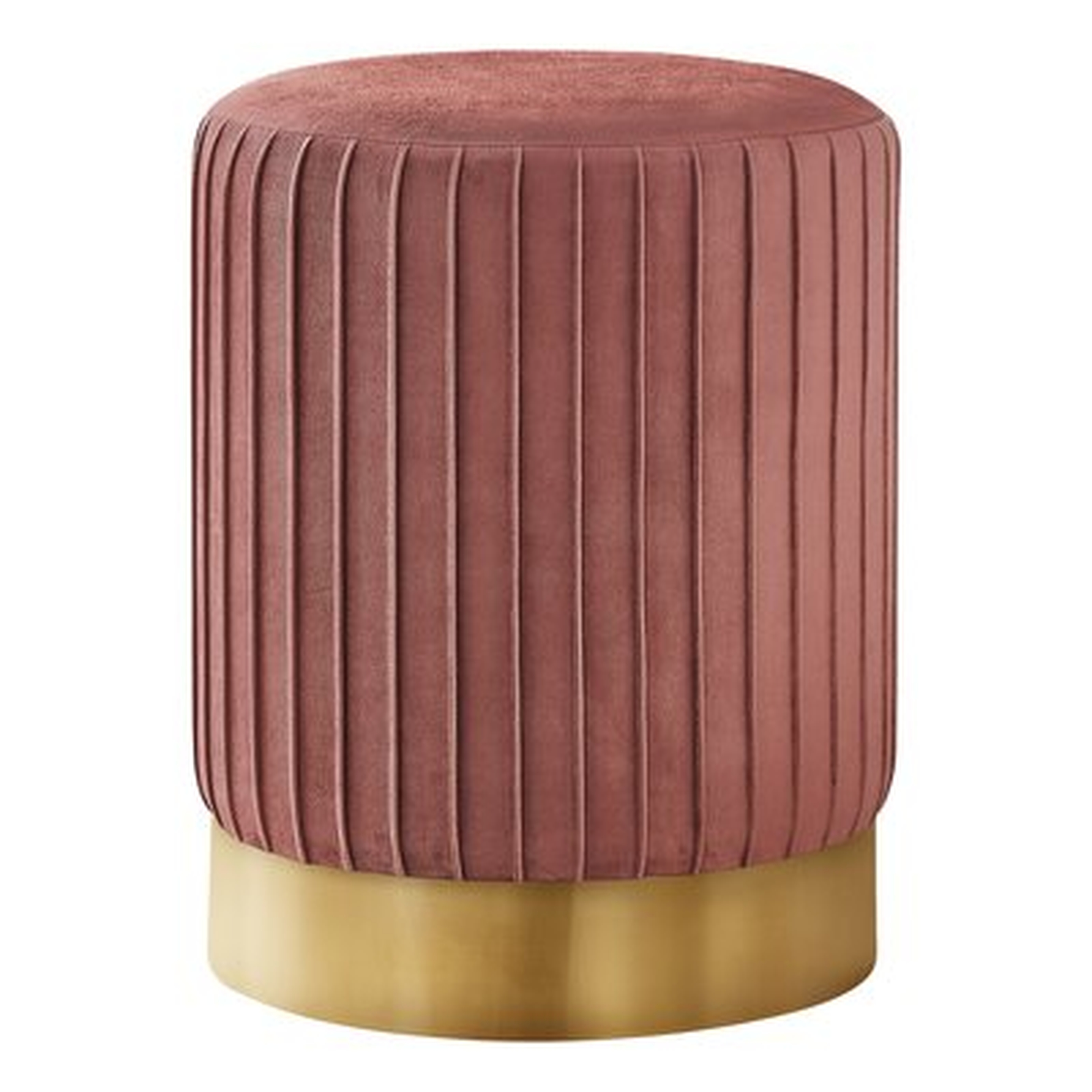 OTTOMAN - PLEATED SIDES / METAL BASE / CYLINDRICAL UPHOLSTERED POUF - 18"H - DARK PINK VELVET / GOLD - Wayfair