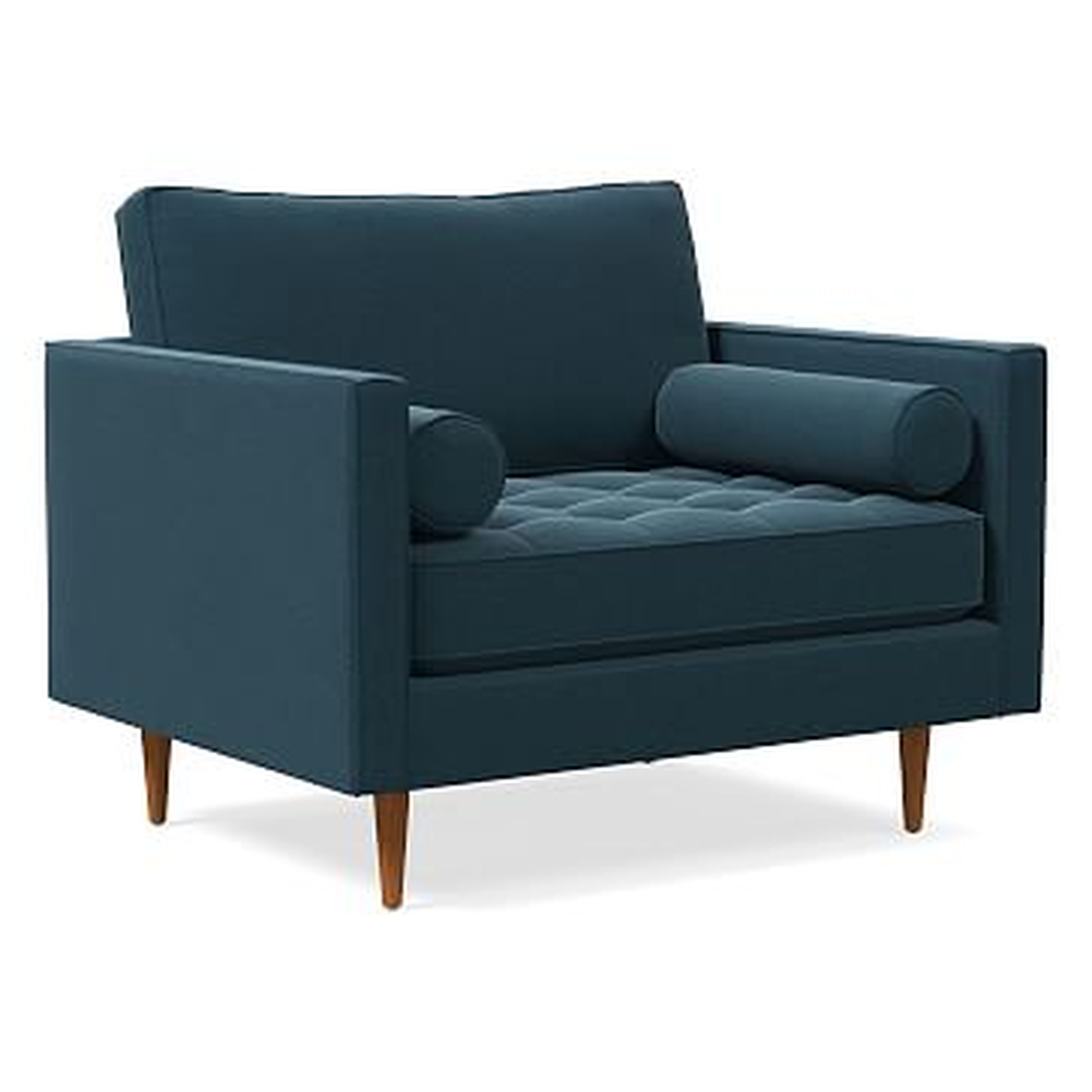 Monroe Tufted Chair and a Half, Poly, Performance Velvet, Lagoon, Pecan - West Elm