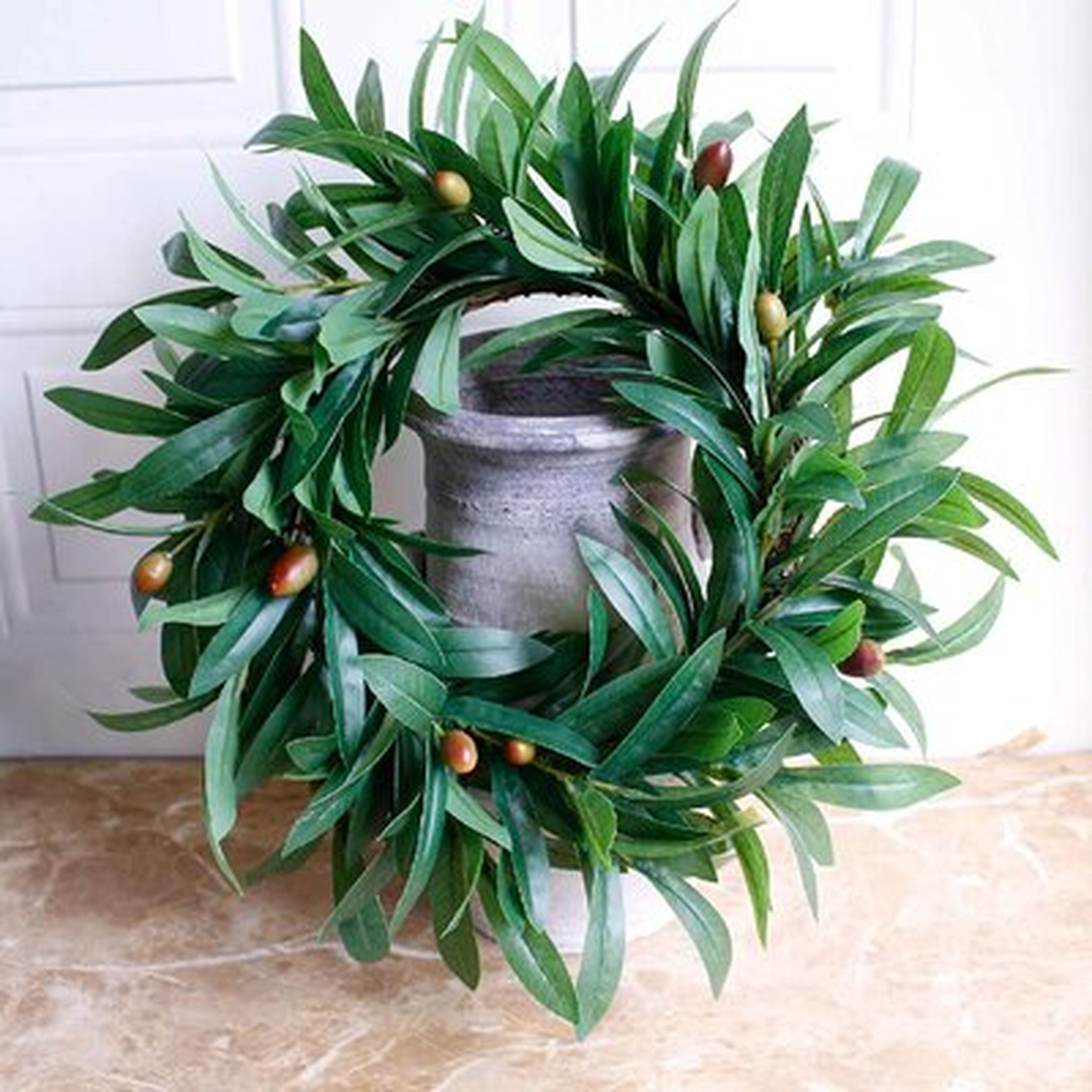 Wreath - Nearly Real, Olive Leaf:  Rustic Farmhouse, Greenery Wreaths, Faux Foliage Wreath, For Front Door, Welcome, Christmas, Outdoor, Indoor - Round - Wayfair