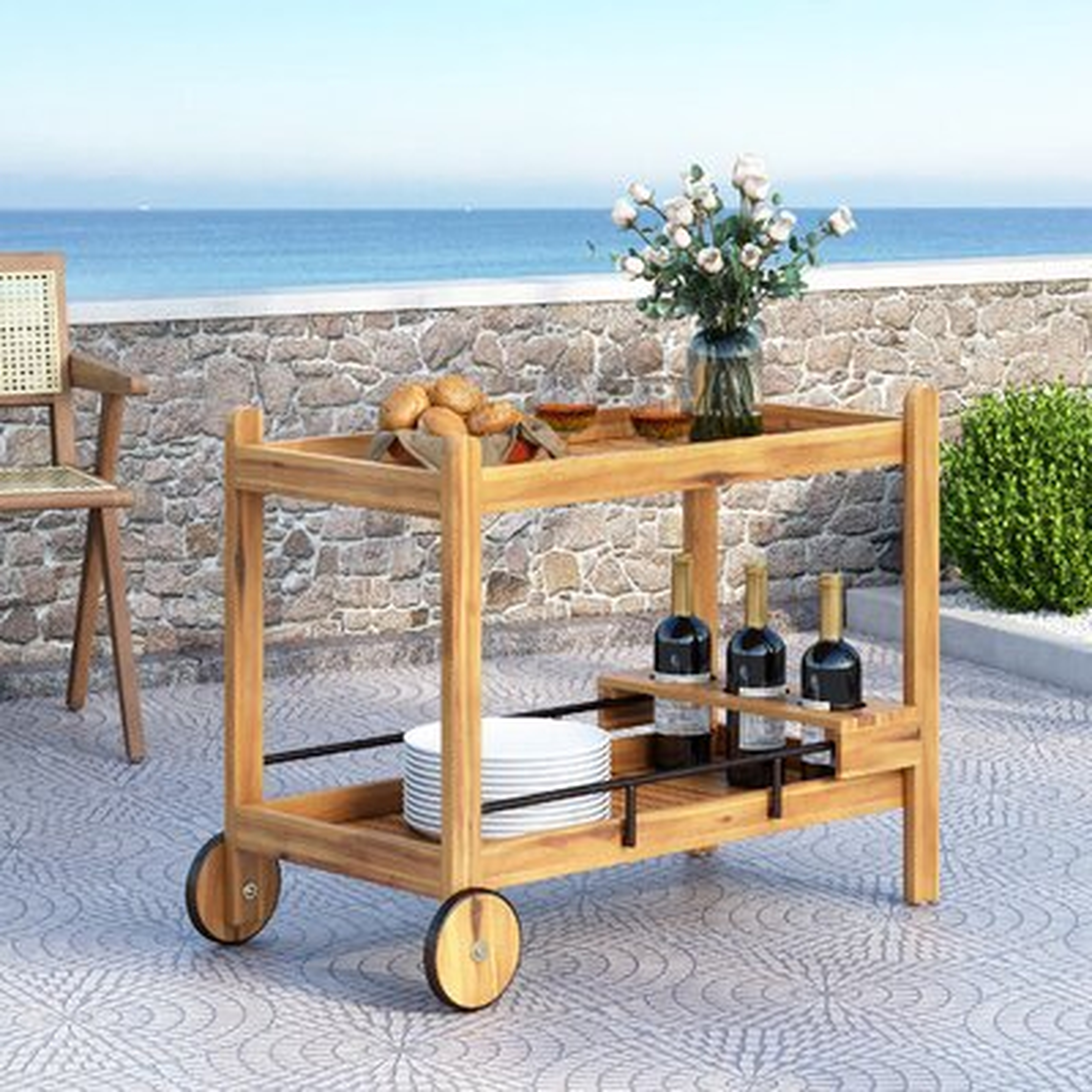 Margeurite Outdoor Acacia Wood 2 Tiered Bar Cart With Bottle Holders - Wayfair
