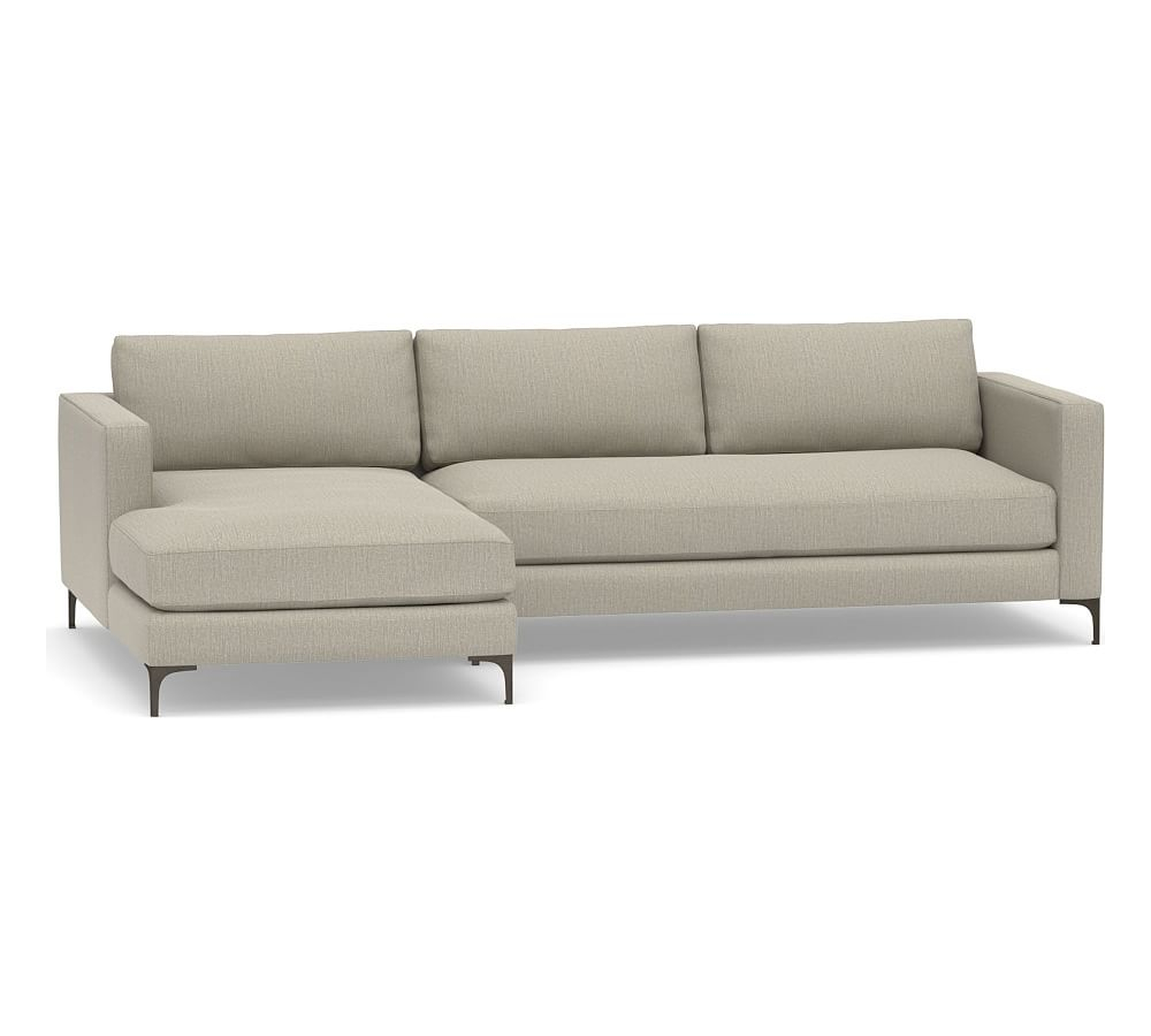 Jake Upholstered Right Arm 2-Piece Sectional with Chaise with Bronze Legs, Polyester Wrapped Cushions, Chenille Basketweave Pebble - Pottery Barn