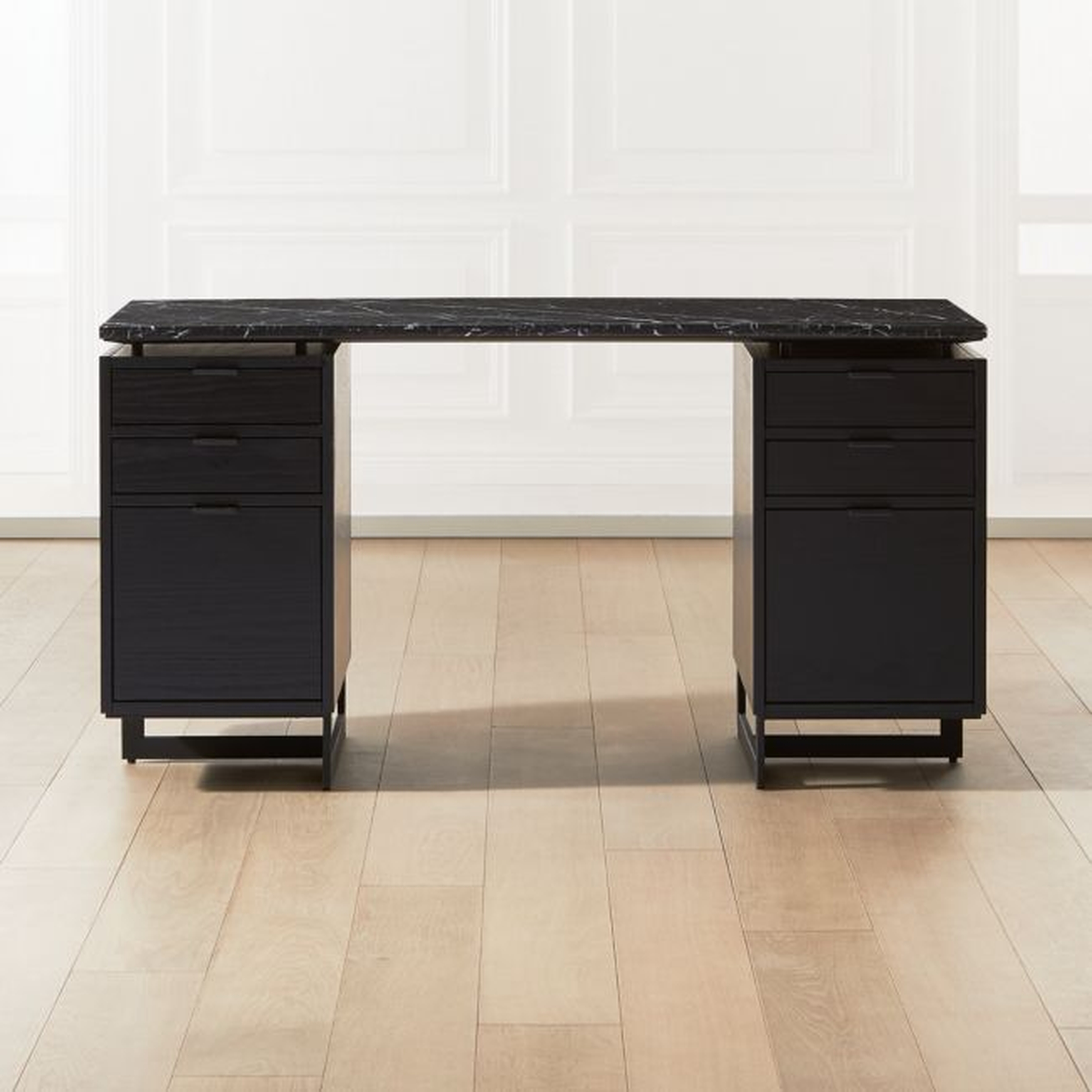 Fullerton 6-Drawer Black Oak Wood Desk with Black Marble Top - CB2