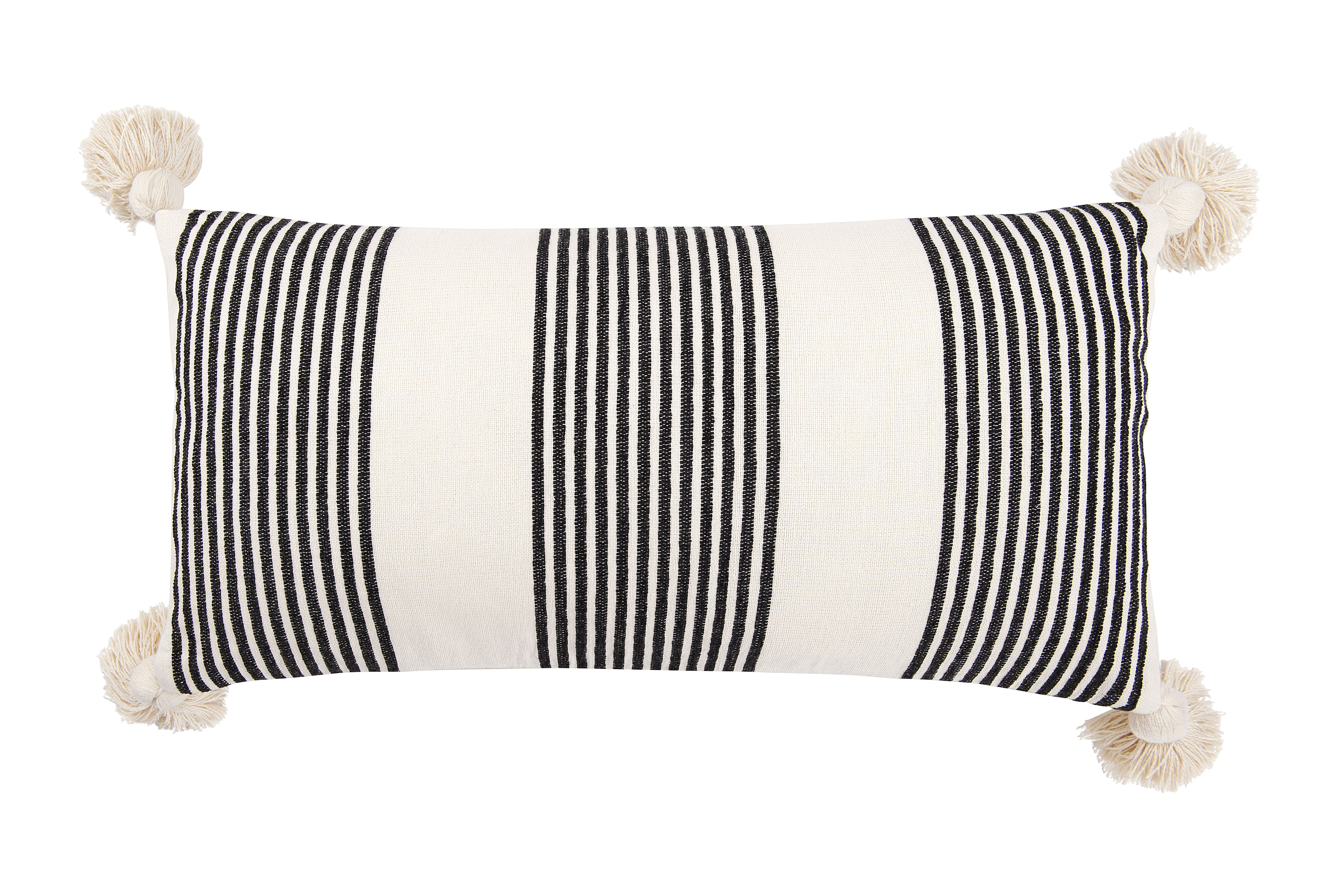 Cream Cotton & Chenille Pillow with Vertical Black Stripes, Tassels & Solid Cream Back - Nomad Home