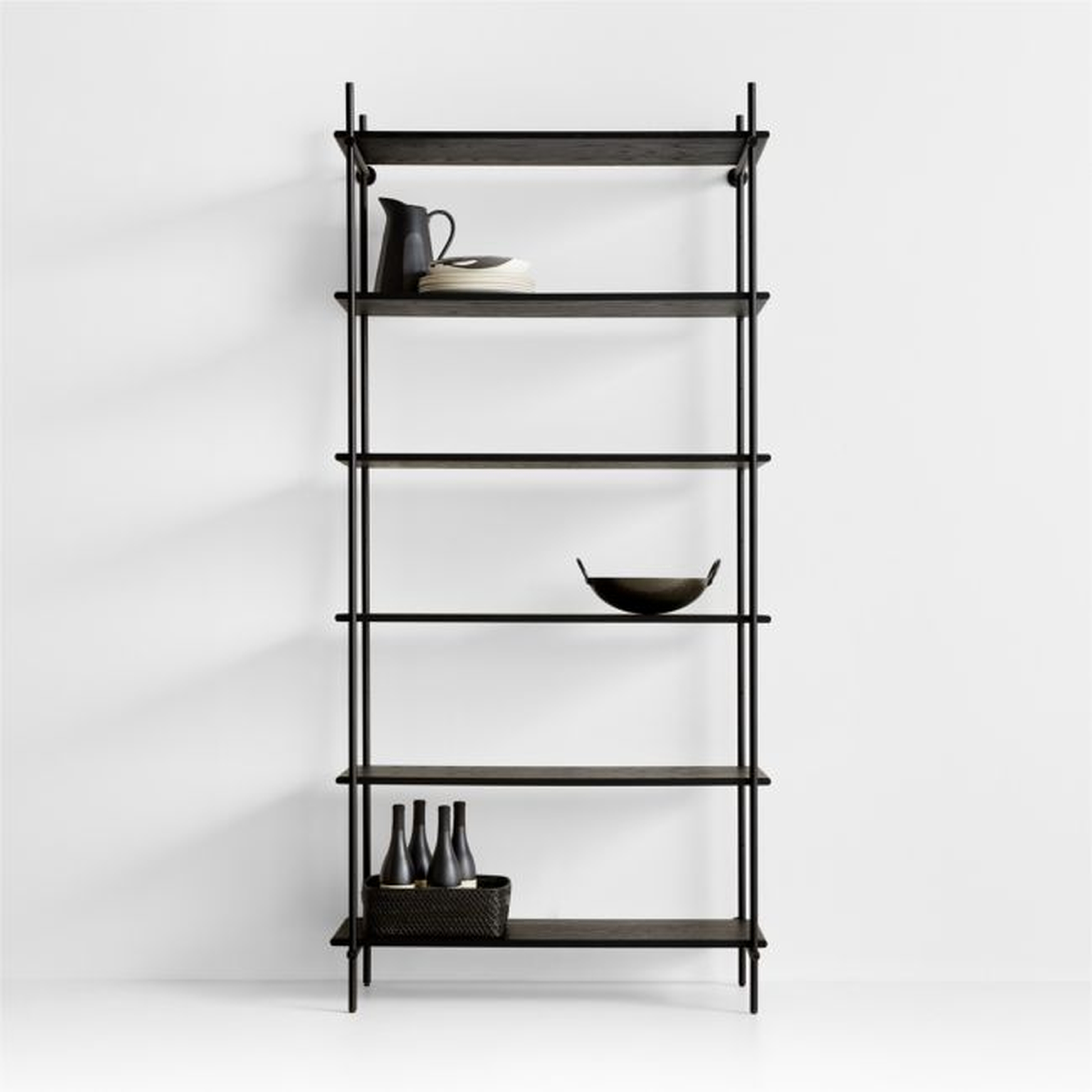 Petra Black Oak Wood and Metal Wide Wall-Mounted Bookcase - Crate and Barrel