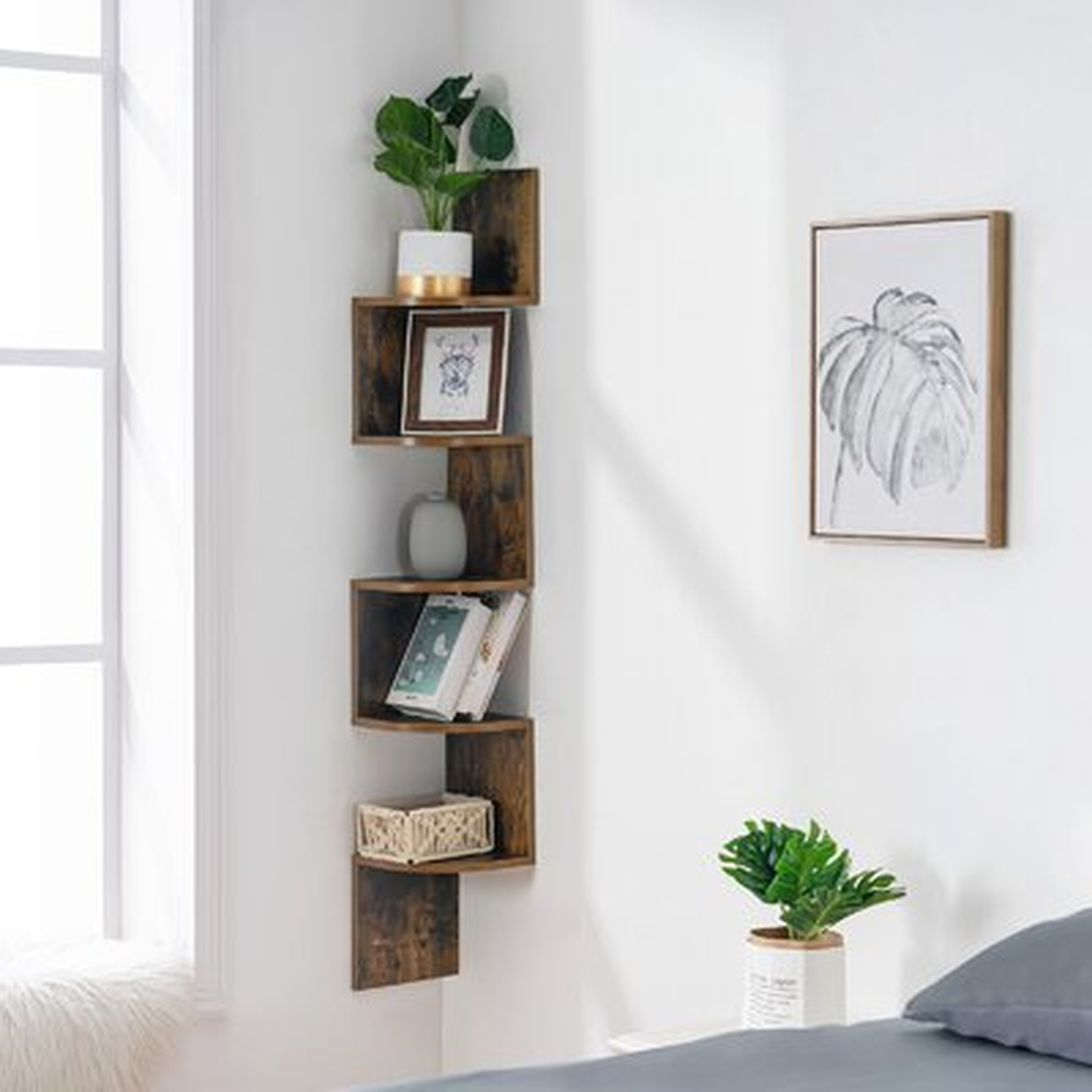 Wall Mount Corner Shelf, 5-Tier Floating Wall Shelf , Bookshelf, For Storage And Potted Plants Rustic Brown - Wayfair