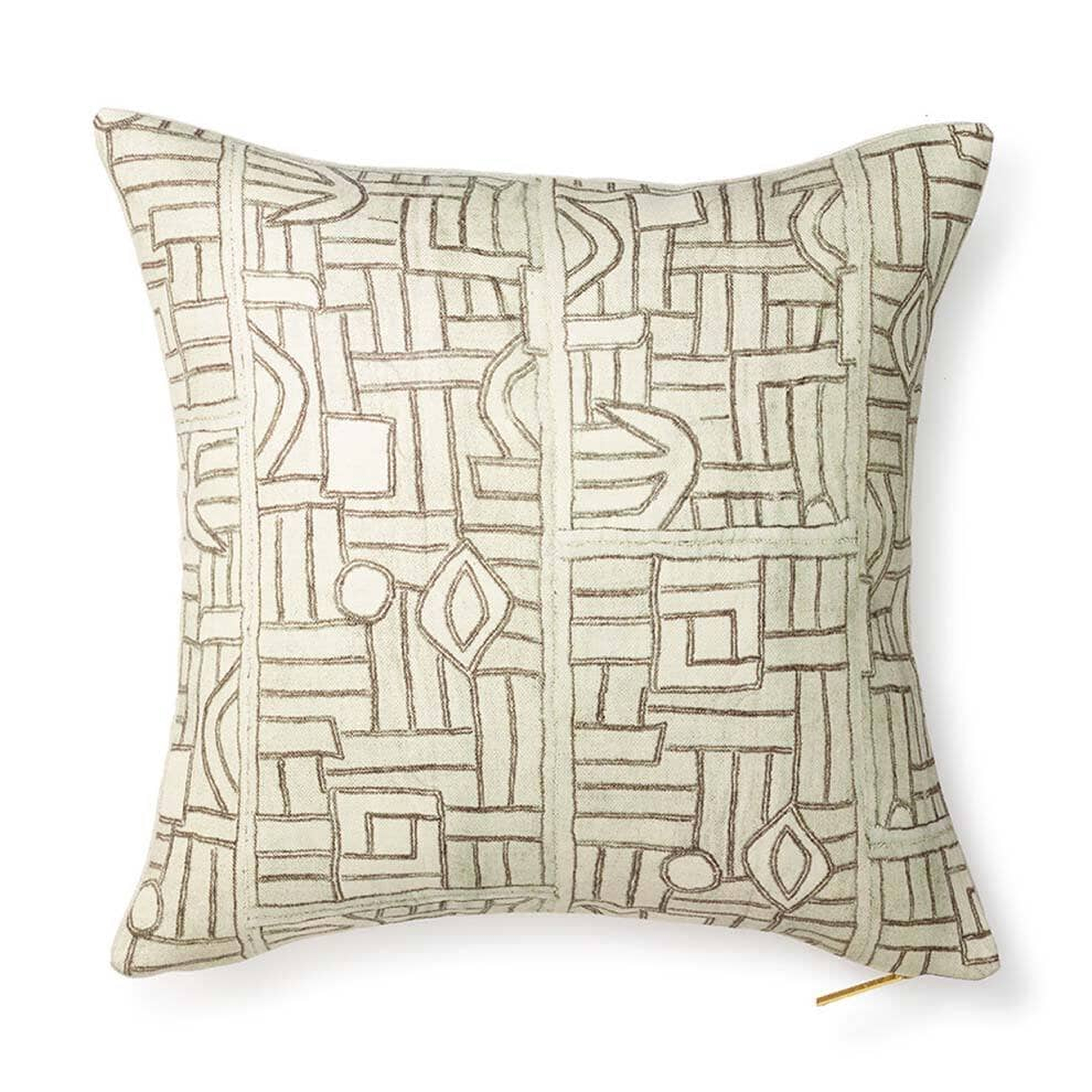 Ecru Maze Kuba Cloth Pillow by St. Frank | Brown | 20" W x 20" H | Linen - St. Frank