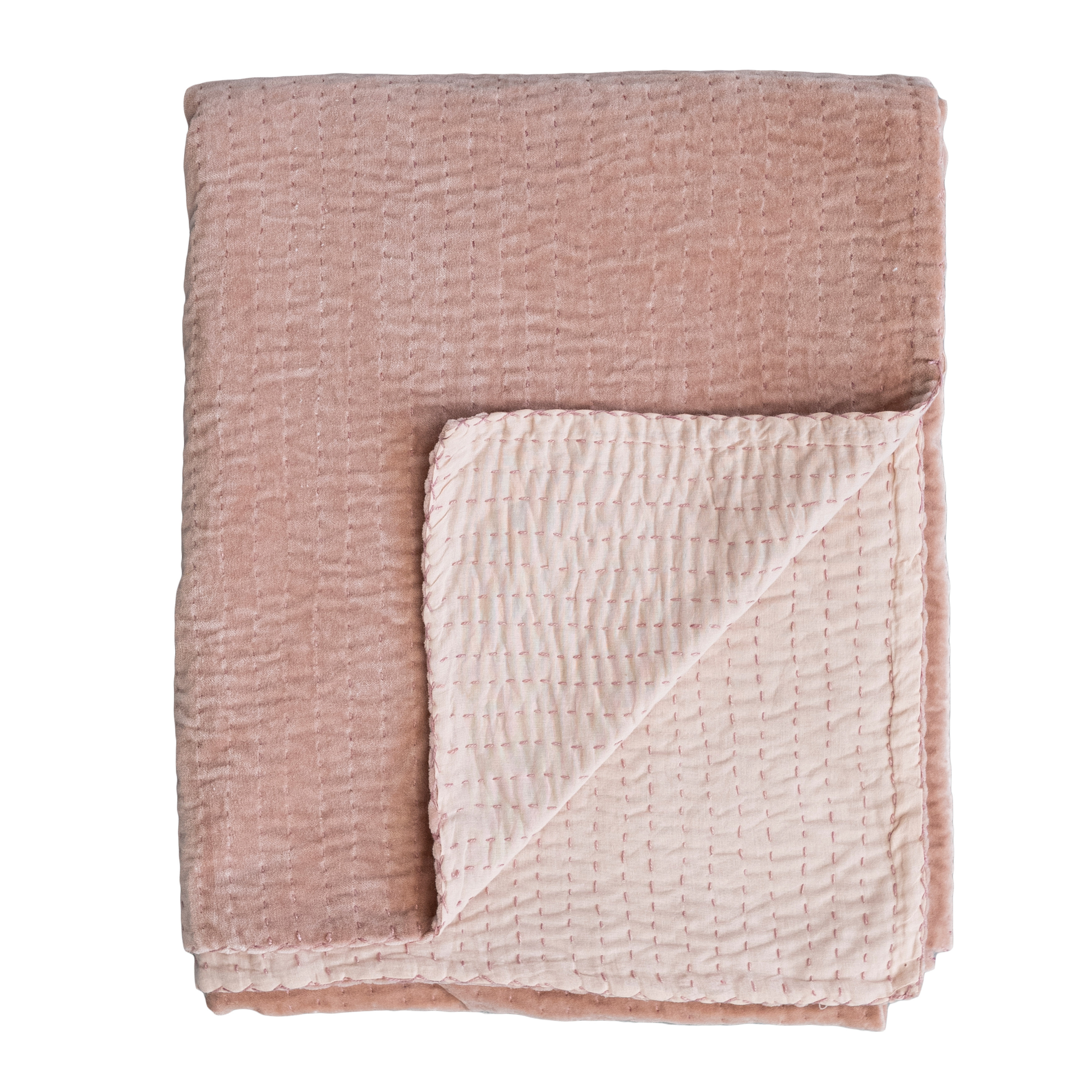 Soft Cotton Velvet Throw Blanket with Kantha Stitch, Peach - Creative Co-Op