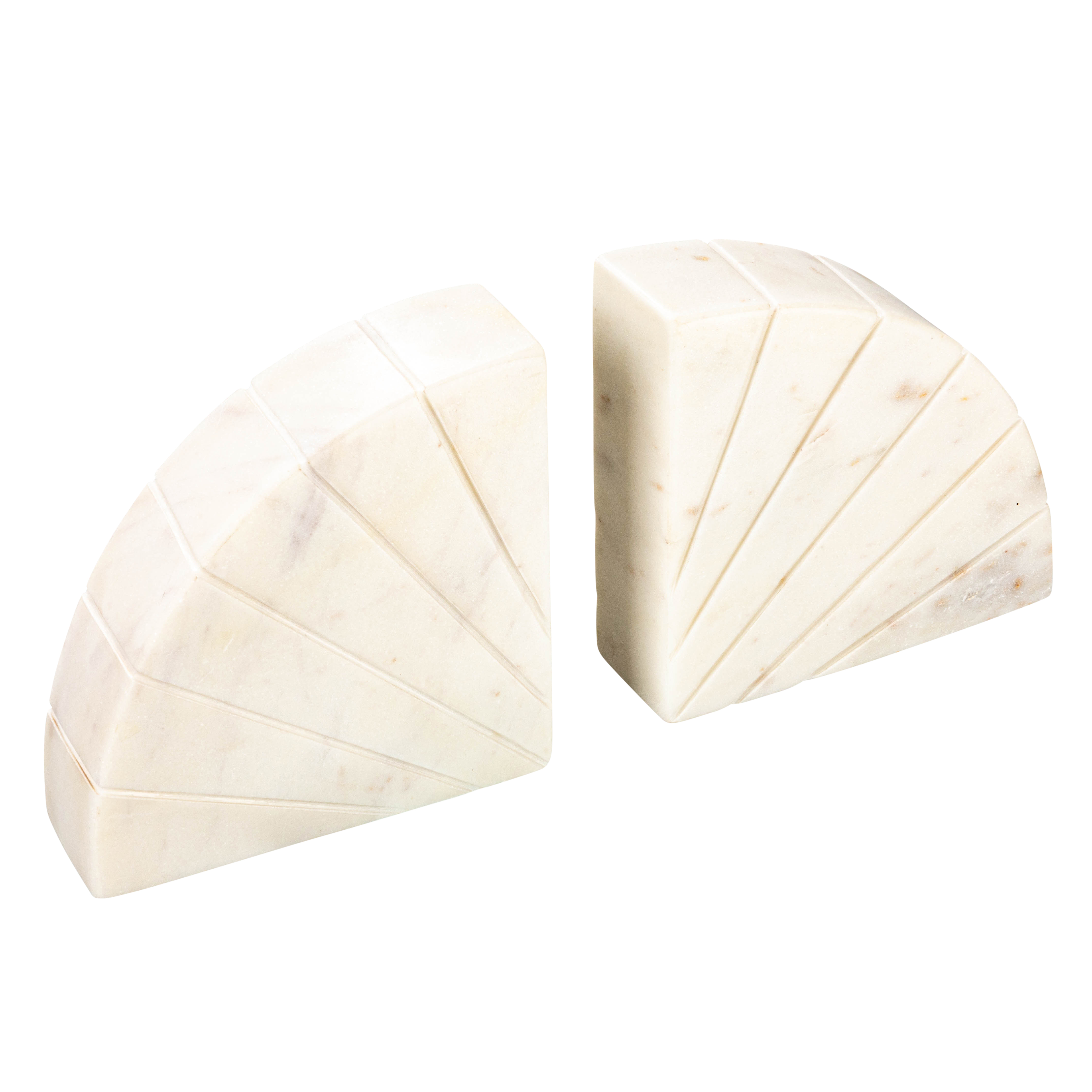Modern Arched Semicircle Marble Bookends with Carved Detail, Set of 2, White - Creative Co-Op