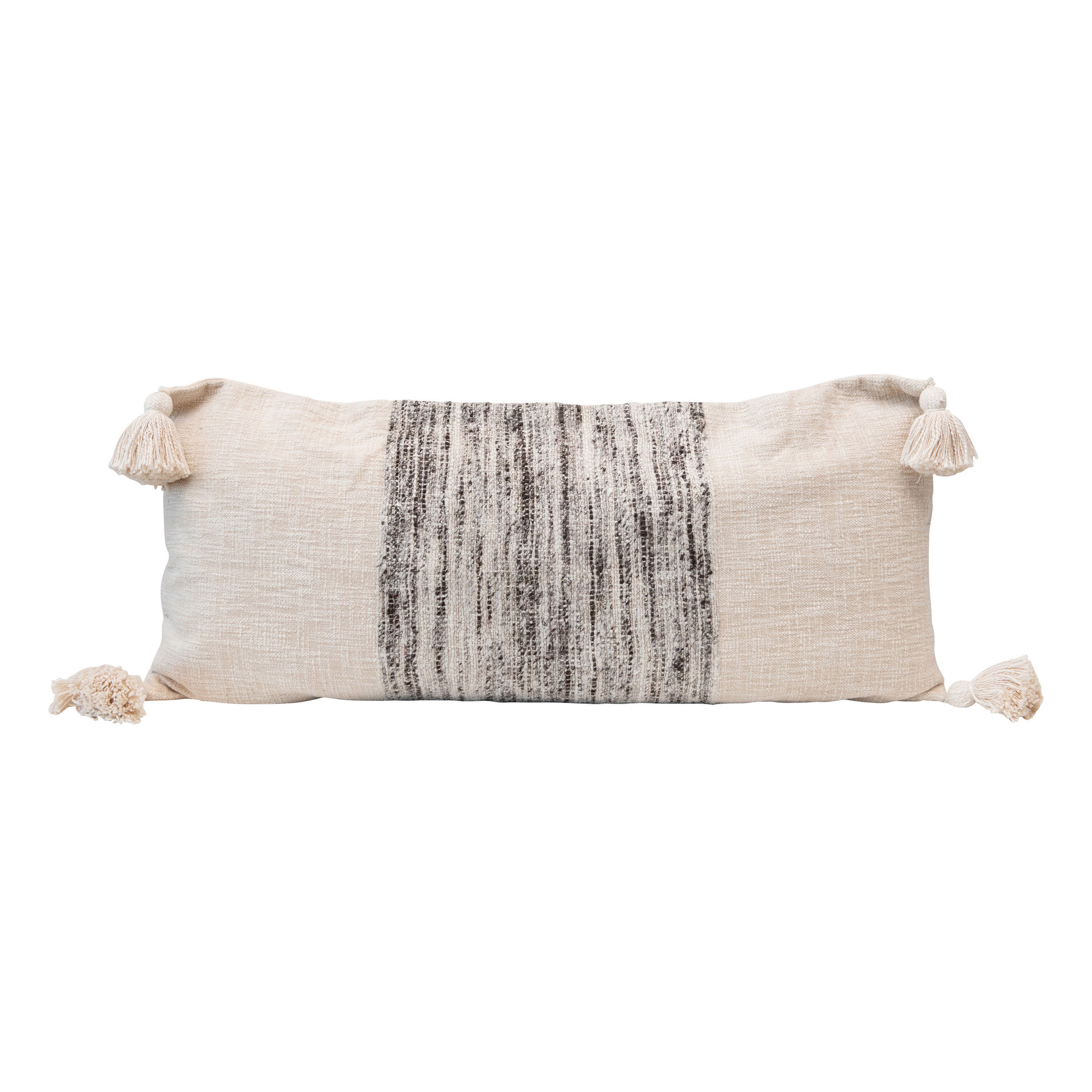 Woven Cotton Blend Lumbar Pillow with Variegated Grey Yarns & Tassels, Cream Color - Nomad Home